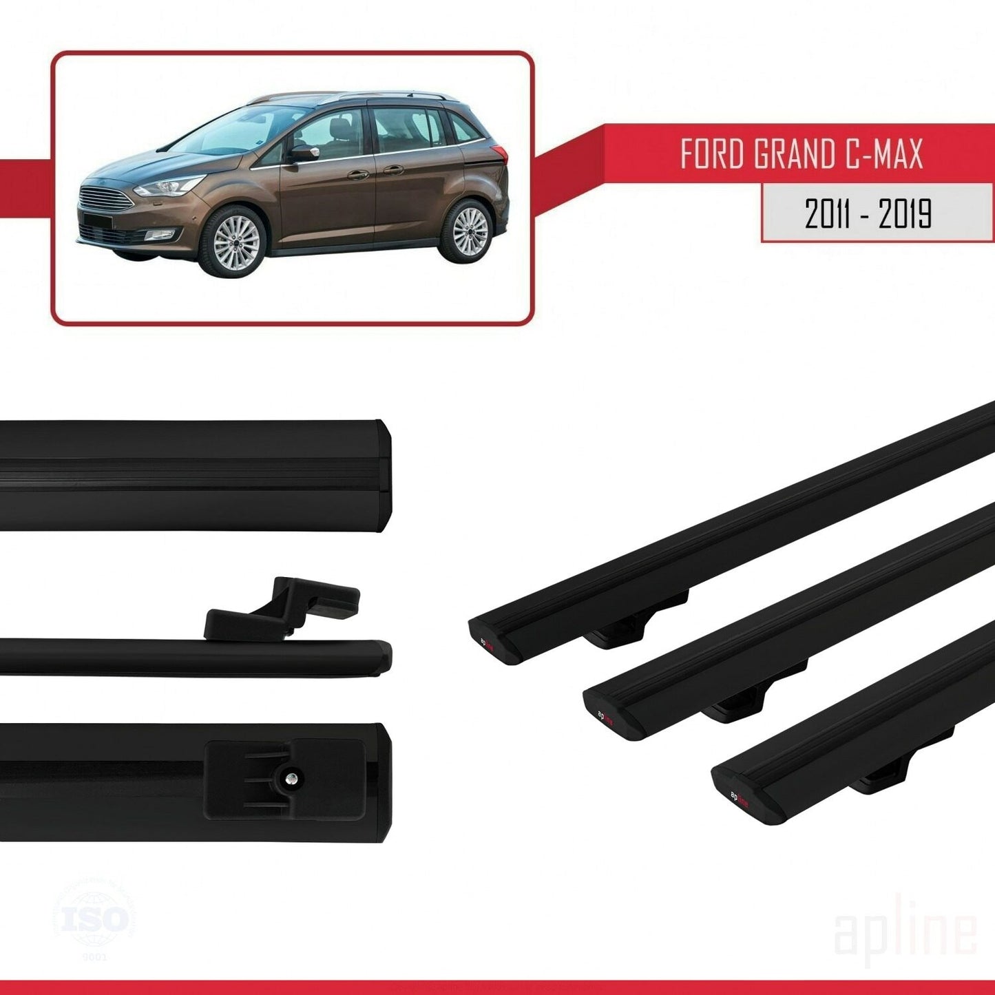 Compatibile con Ford Grand C-Max (C344) 2011-2019 modello BASIC Barre portatutto per auto Portapacchi in alluminio nero 3 barre