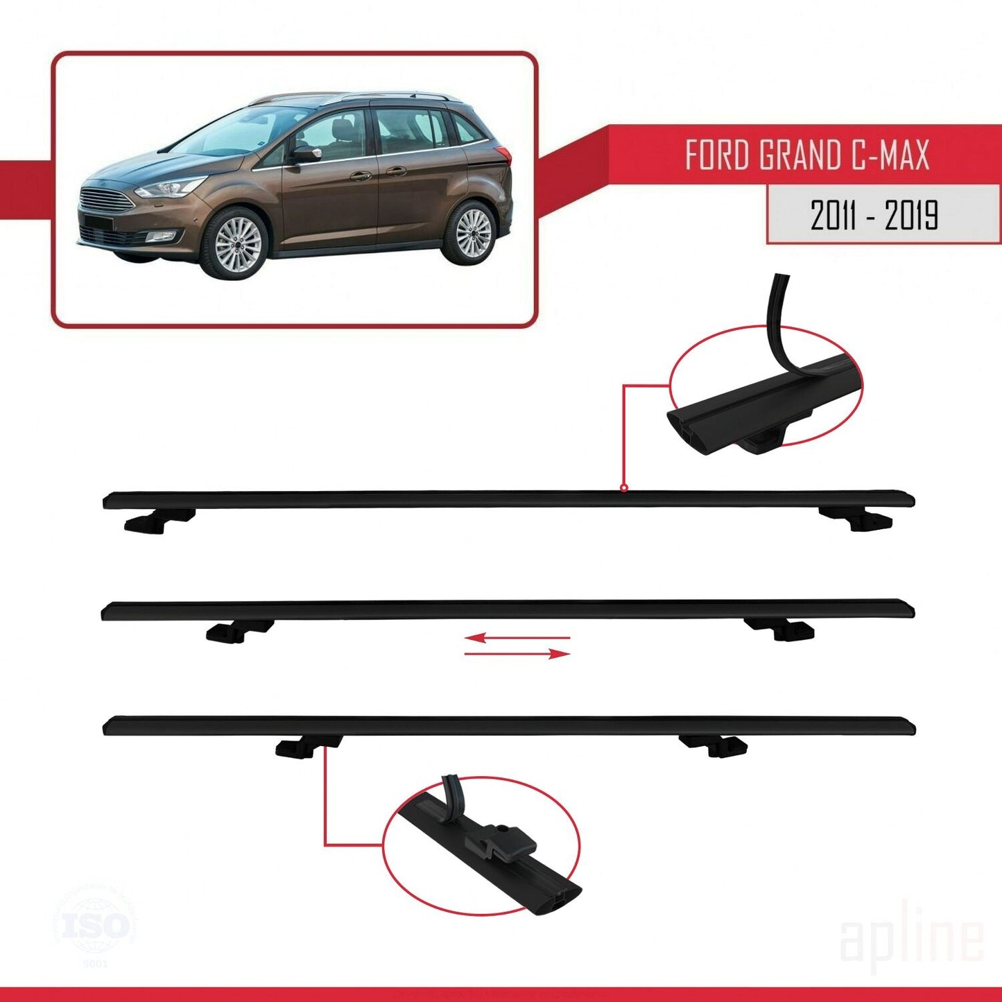 Compatibile con Ford Grand C-Max (C344) 2011-2019 modello BASIC Barre portatutto per auto Portapacchi in alluminio nero 3 barre