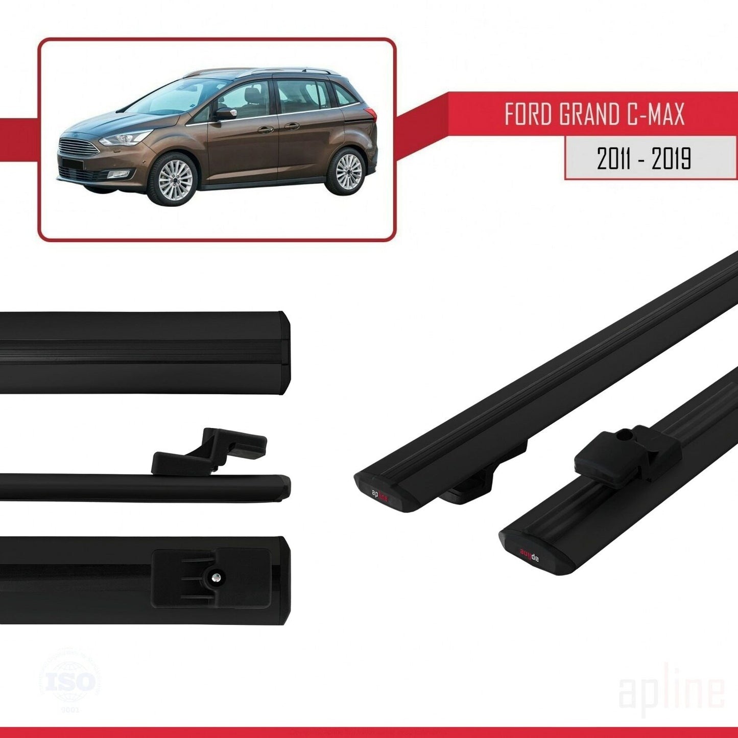 Compatibile con Ford Grand C-Max (C344) 2011-2019 modello BASIC Barre portatutto per auto Portapacchi in alluminio nero 2 barre