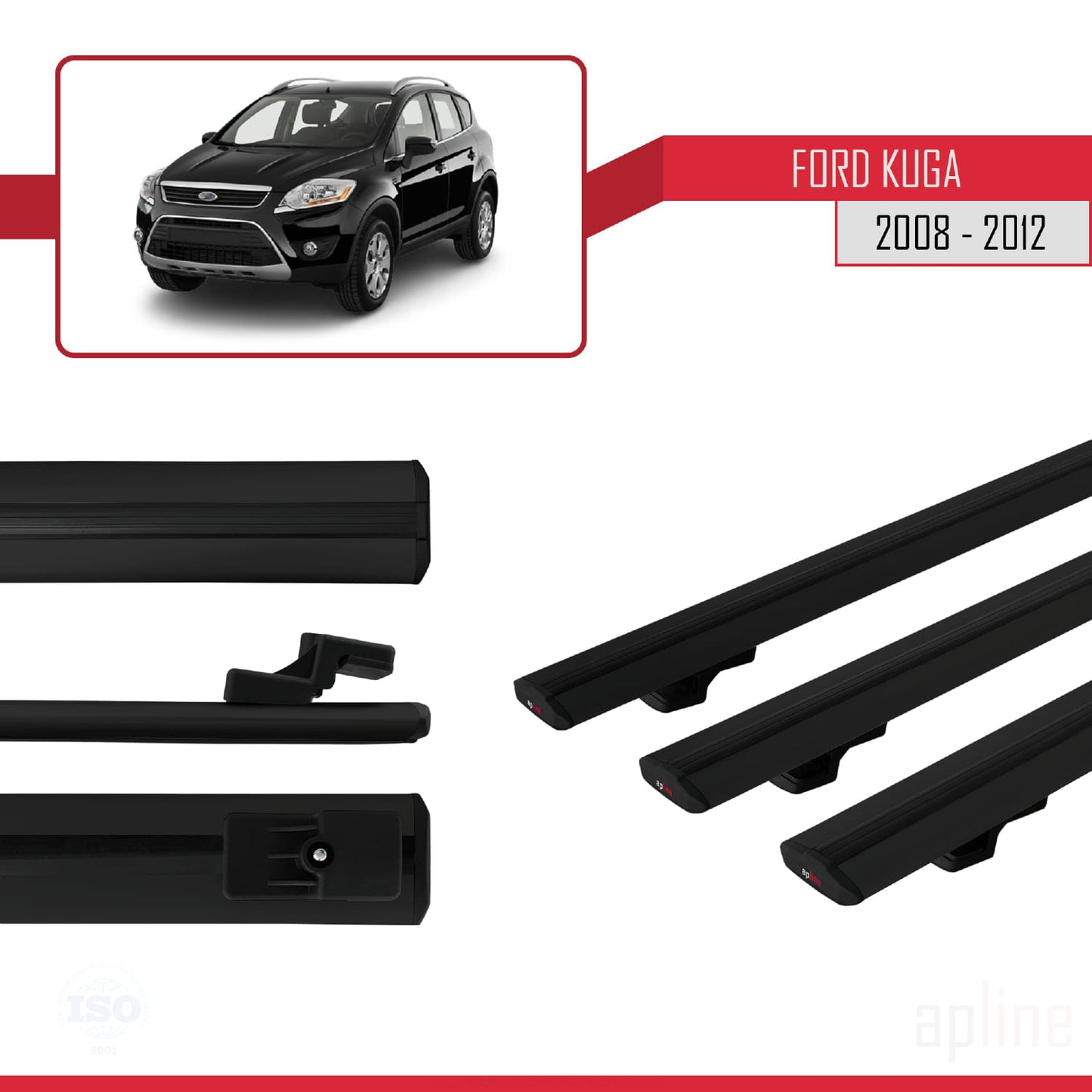 Compatibile con Ford Kuga (C394) 2008-2012 modello BASIC Barre portatutto per auto Portapacchi in alluminio nero 3 barre