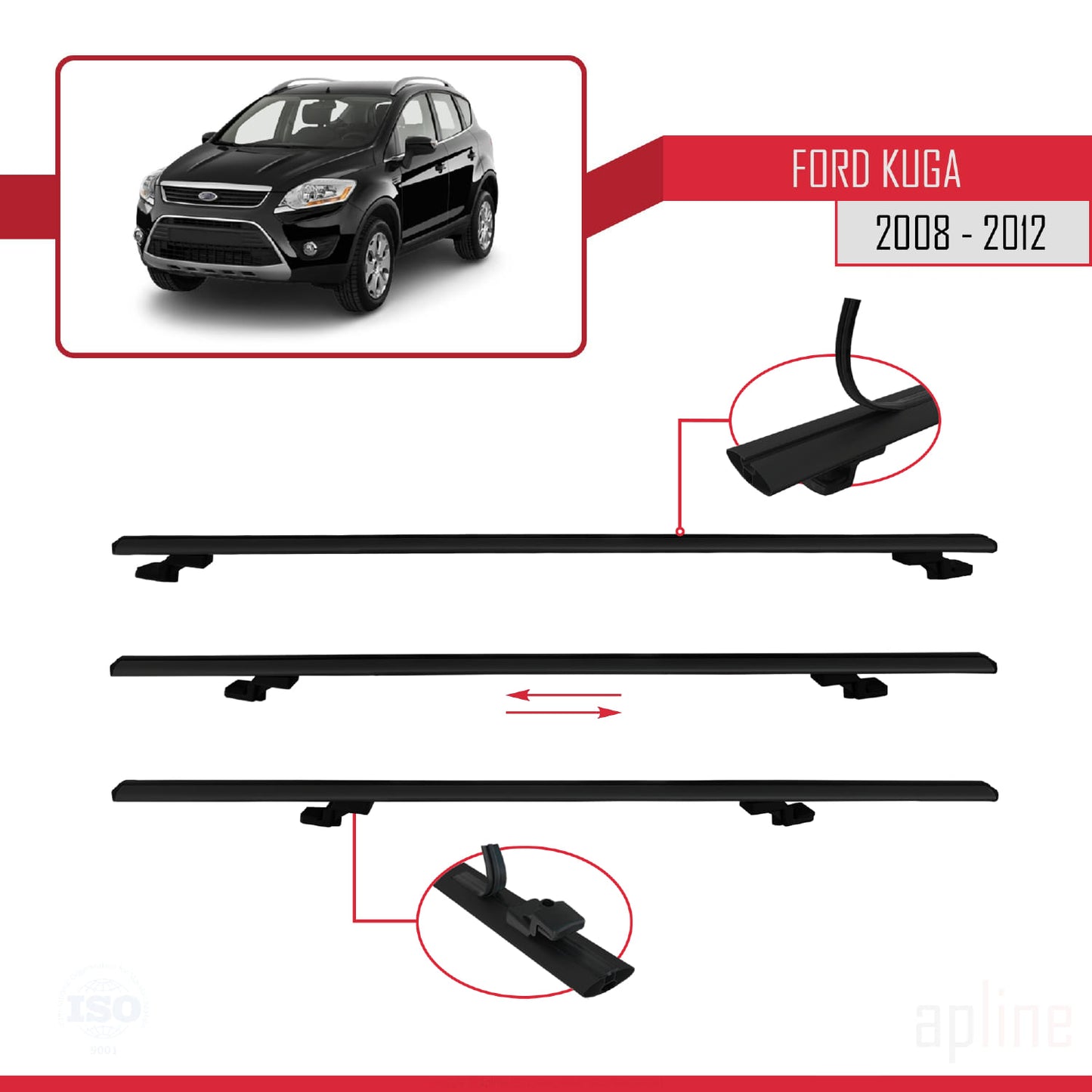 Compatibile con Ford Kuga (C394) 2008-2012 modello BASIC Barre portatutto per auto Portapacchi in alluminio nero 2 barre