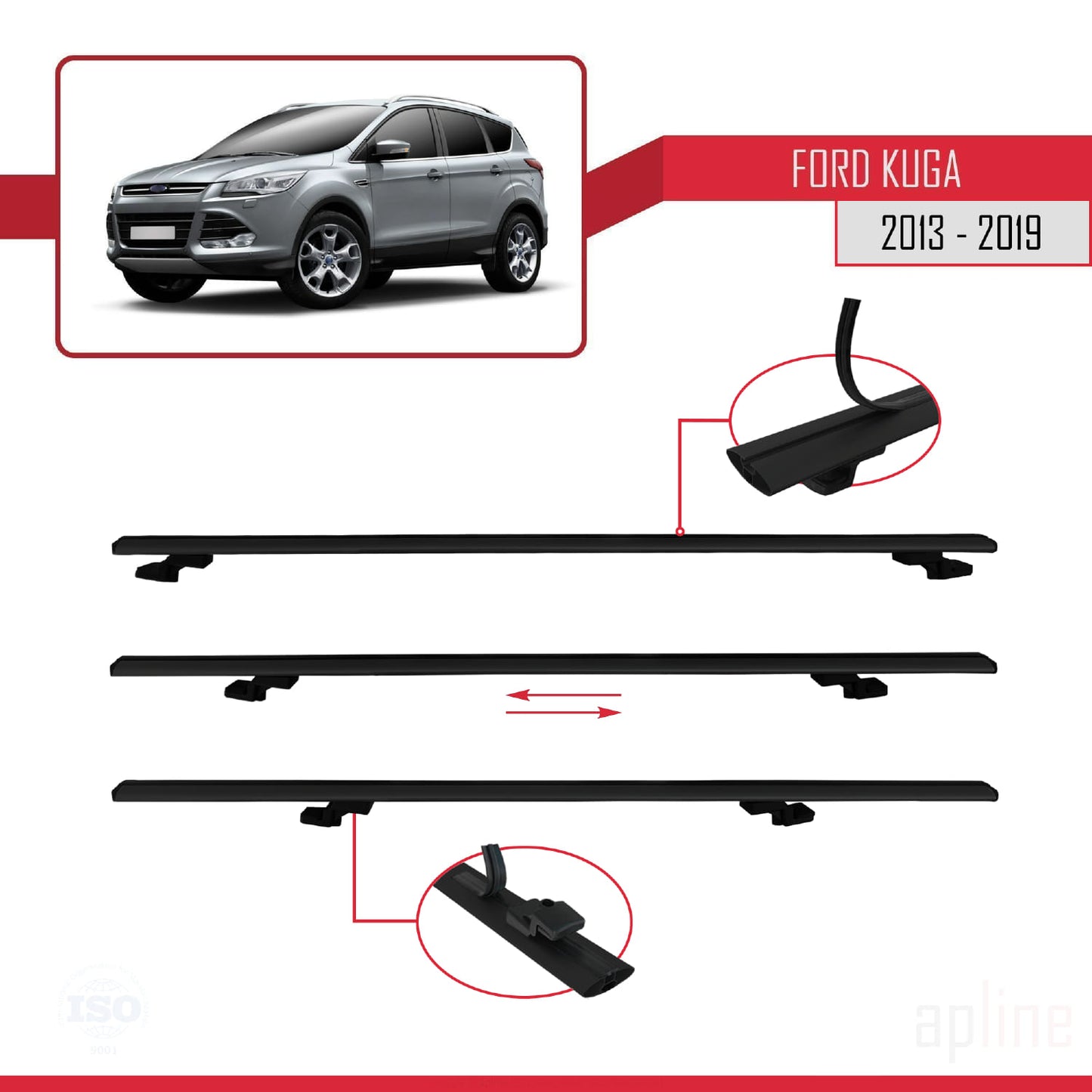 Compatibile con Ford Kuga 2 (C520) 2013-2019 modello BASIC Barre portatutto per auto Portapacchi in alluminio nero 3 barre