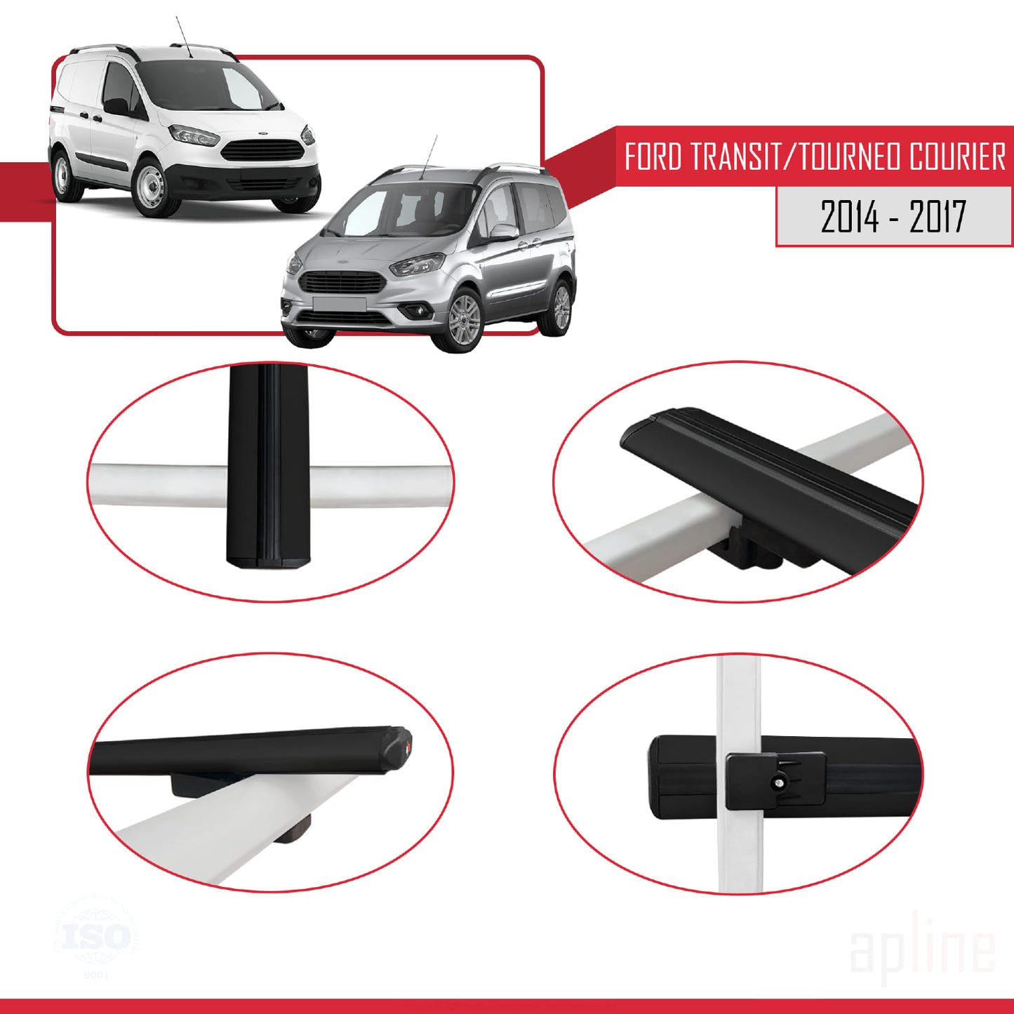 Compatibile con Ford Transit/Tourneo Courier Pre-Facelift 2014-2017 modello BASIC Barre portatutto per auto Portapacchi in alluminio nero 3 barre