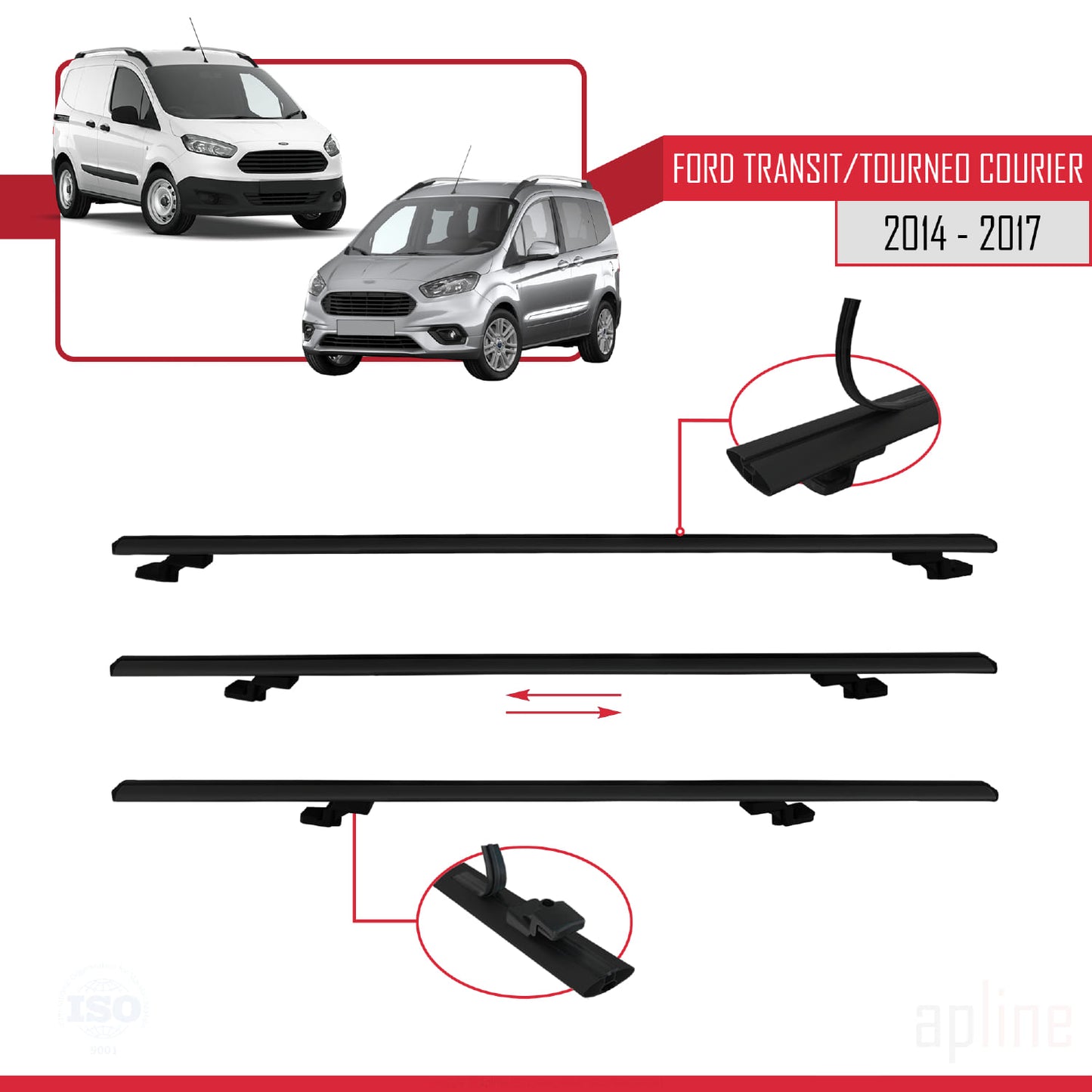 Compatibile con Ford Transit/Tourneo Courier Pre-Facelift 2014-2017 modello BASIC Barre portatutto per auto Portapacchi in alluminio nero 3 barre