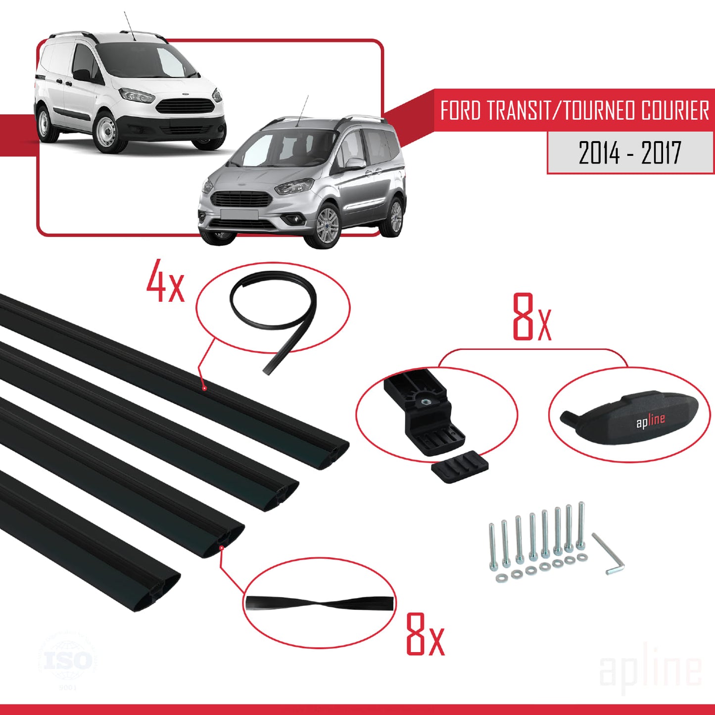 Compatibile con Ford Transit/Tourneo Courier Pre-Facelift 2014-2017 modello BASIC Barre portatutto per auto Portapacchi in alluminio nero 4 barre