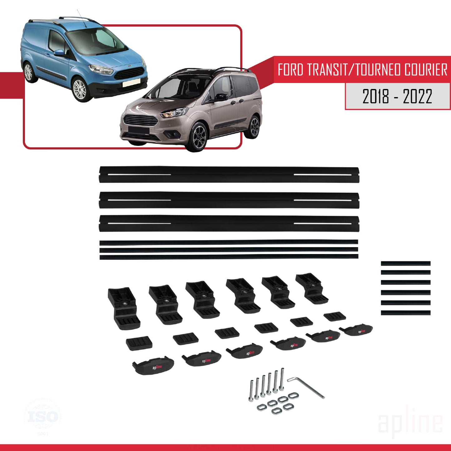 Compatibile con Ford Transit/Tourneo Courier Post-Facelift 2018-2022 modello BASIC Barre portatutto per auto Portapacchi in alluminio nero 3 barre