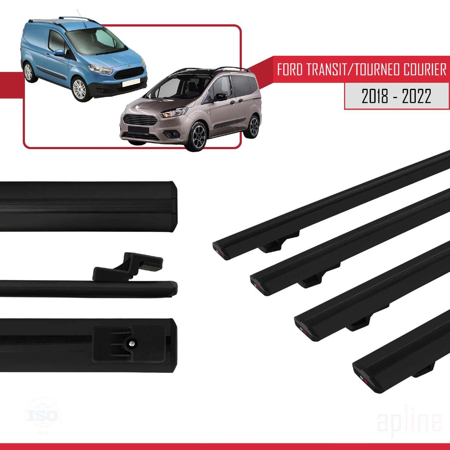 Compatibile con Ford Transit/Tourneo Courier Post-Facelift 2018-2022 modello BASIC Barre portatutto per auto Portapacchi in alluminio nero 4 barre