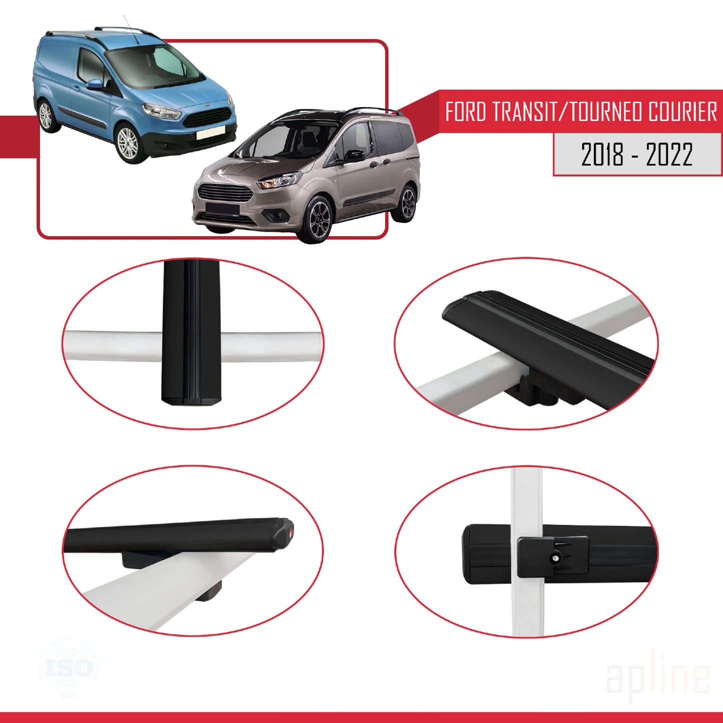 Compatibile con Ford Transit/Tourneo Courier Post-Facelift 2018-2022 modello BASIC Barre portatutto per auto Portapacchi in alluminio nero 4 barre