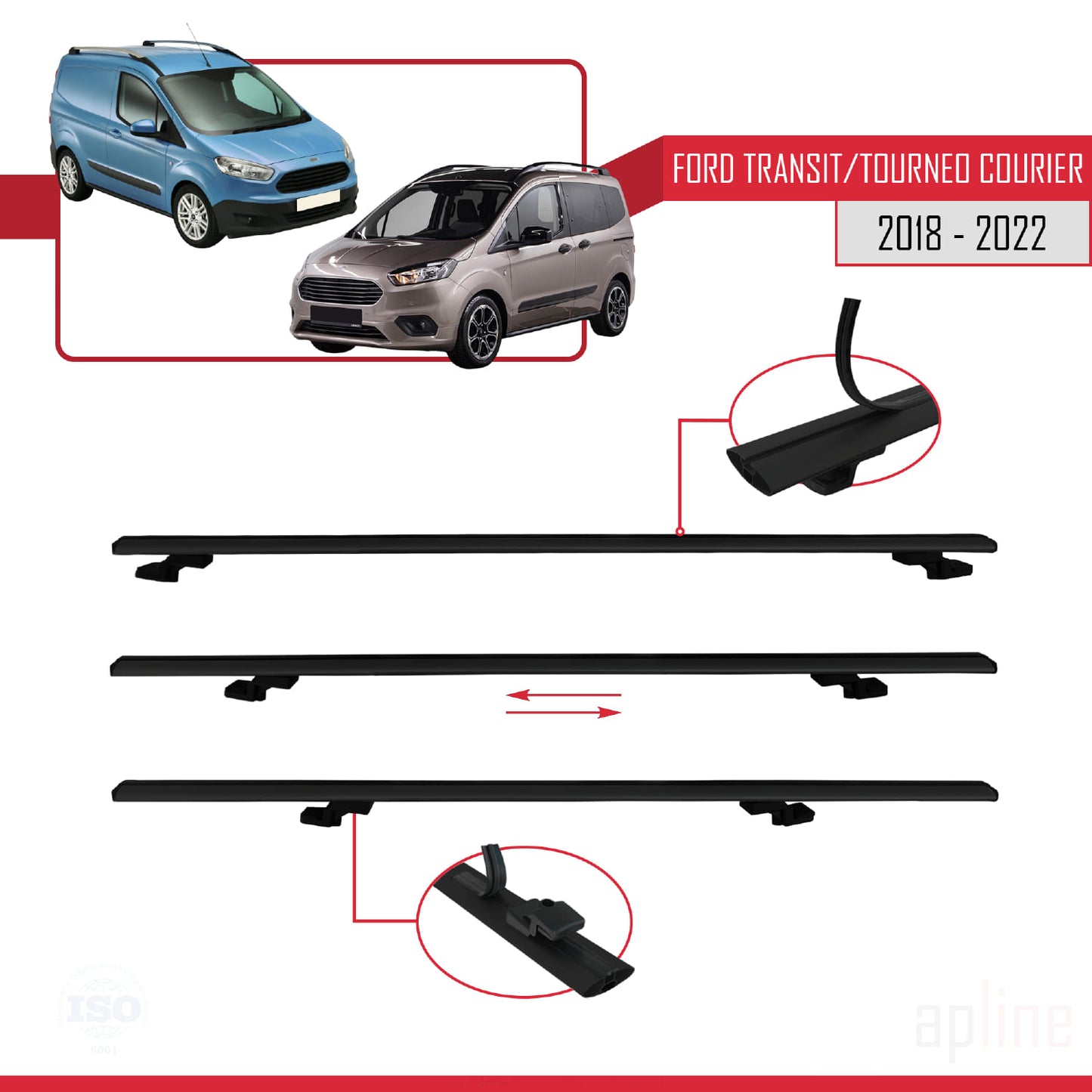 Compatibile con Ford Transit/Tourneo Courier Post-Facelift 2018-2022 modello BASIC Barre portatutto per auto Portapacchi in alluminio nero 2 barre