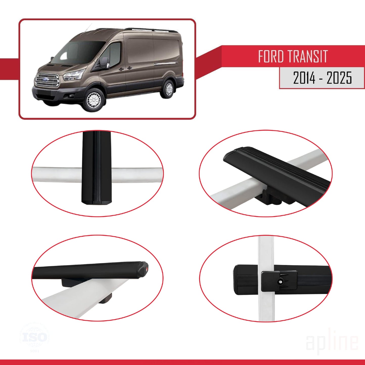 Compatibile con Ford Transit 2014-2025 modello BASIC Barre portatutto per auto Portapacchi in alluminio nero 4 barre