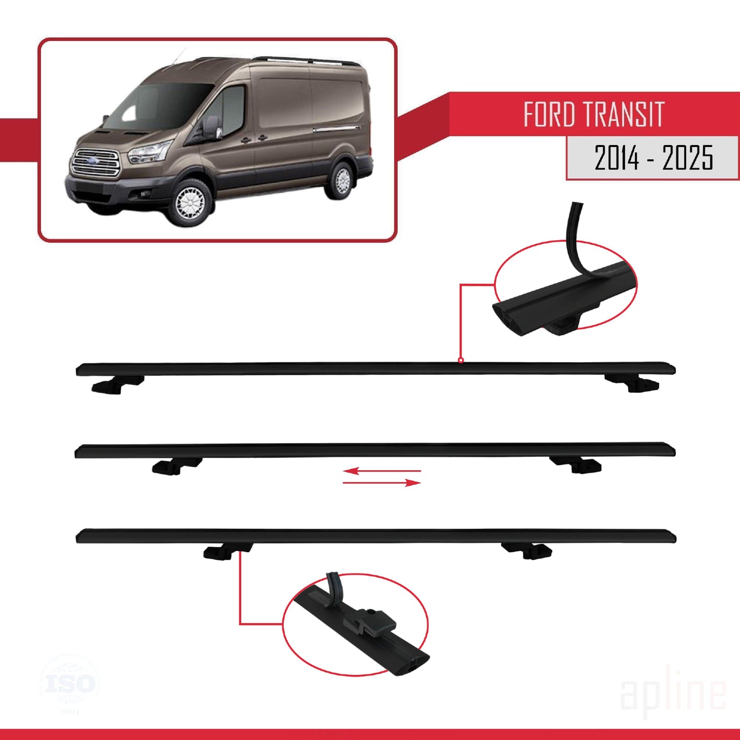 Compatibile con Ford Transit 2014-2025 modello BASIC Barre portatutto per auto Portapacchi in alluminio nero 4 barre