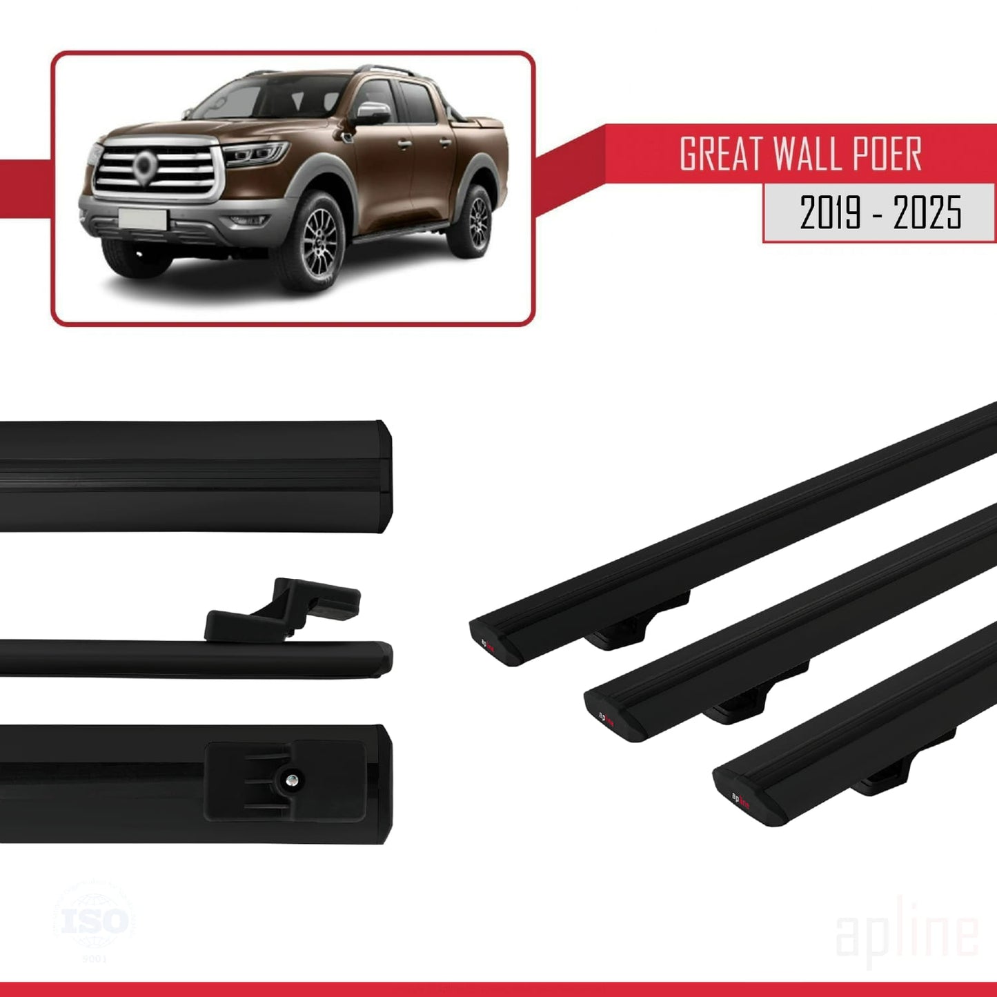 Compatible with Great Wall Poer 2019-2025 BASIC Model Car Roof Rack Cross Bar Black Aluminium 3 Bars