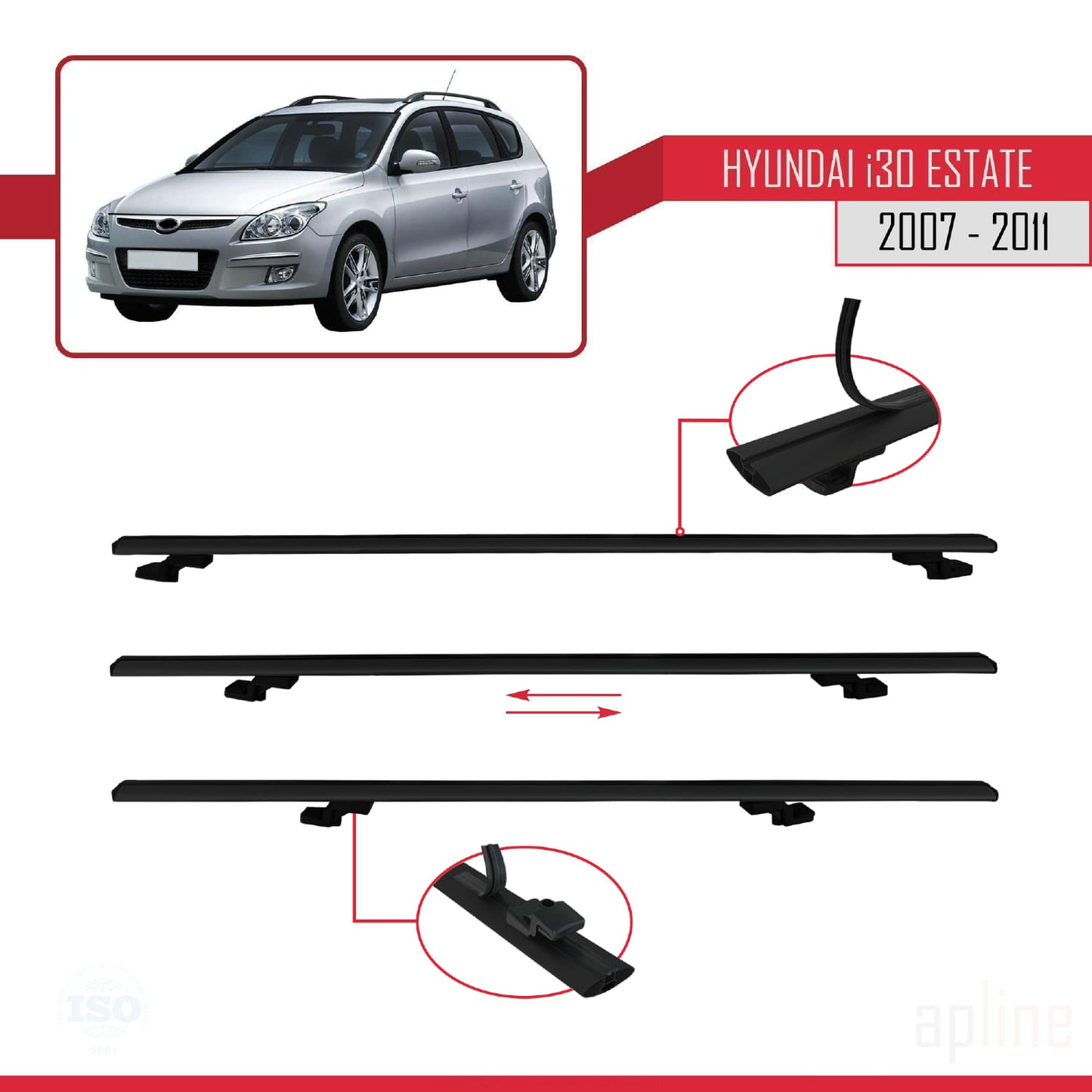 Compatibile con Hyundai i30 (FD) Station Wagon 2007-2011 modello BASIC Barre portatutto per auto Portapacchi in alluminio nero 3 barre