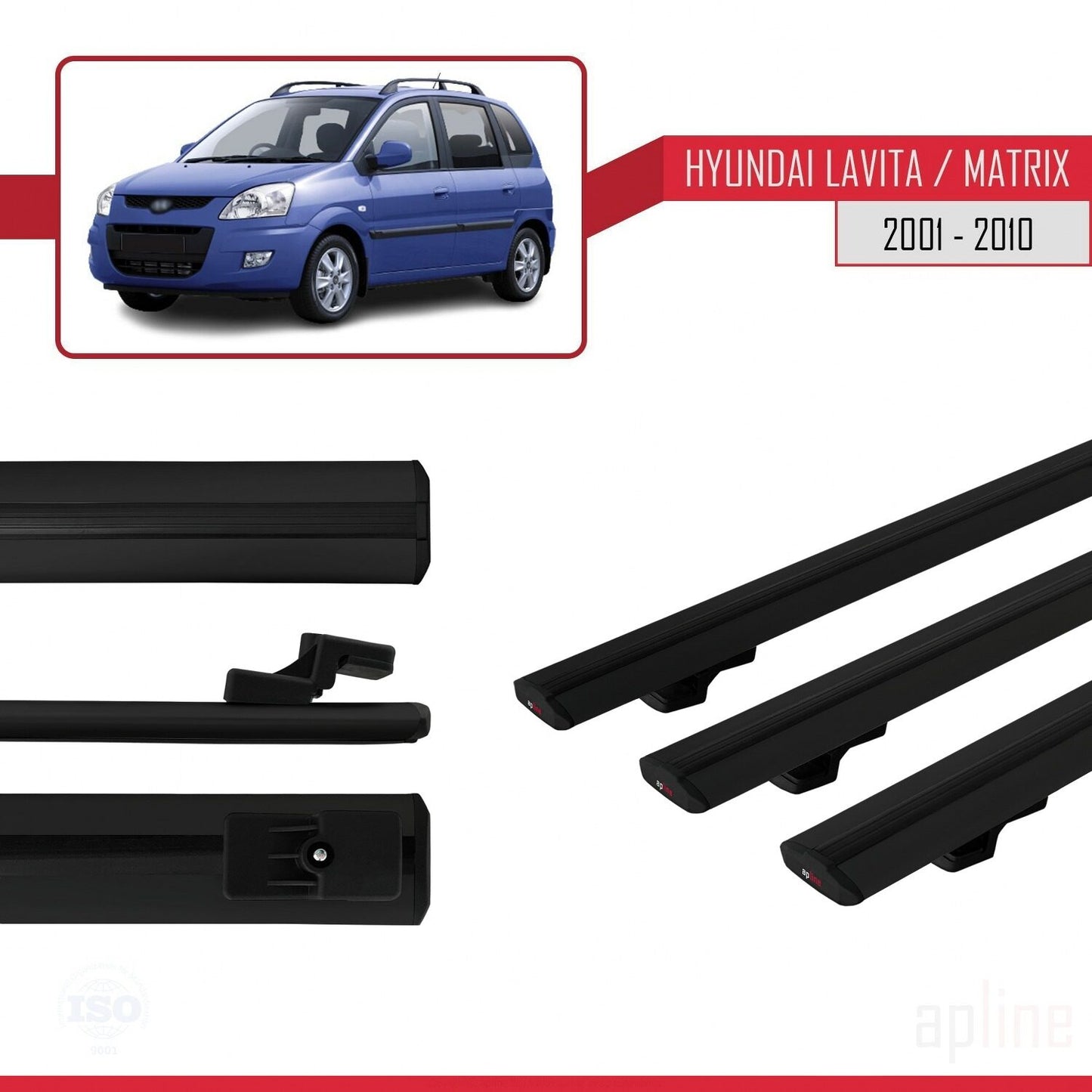 Compatibile con Hyundai Matrix (FC) modello BASIC 2001-2010 Barre portatutto per auto Portapacchi in alluminio nero 3 barre