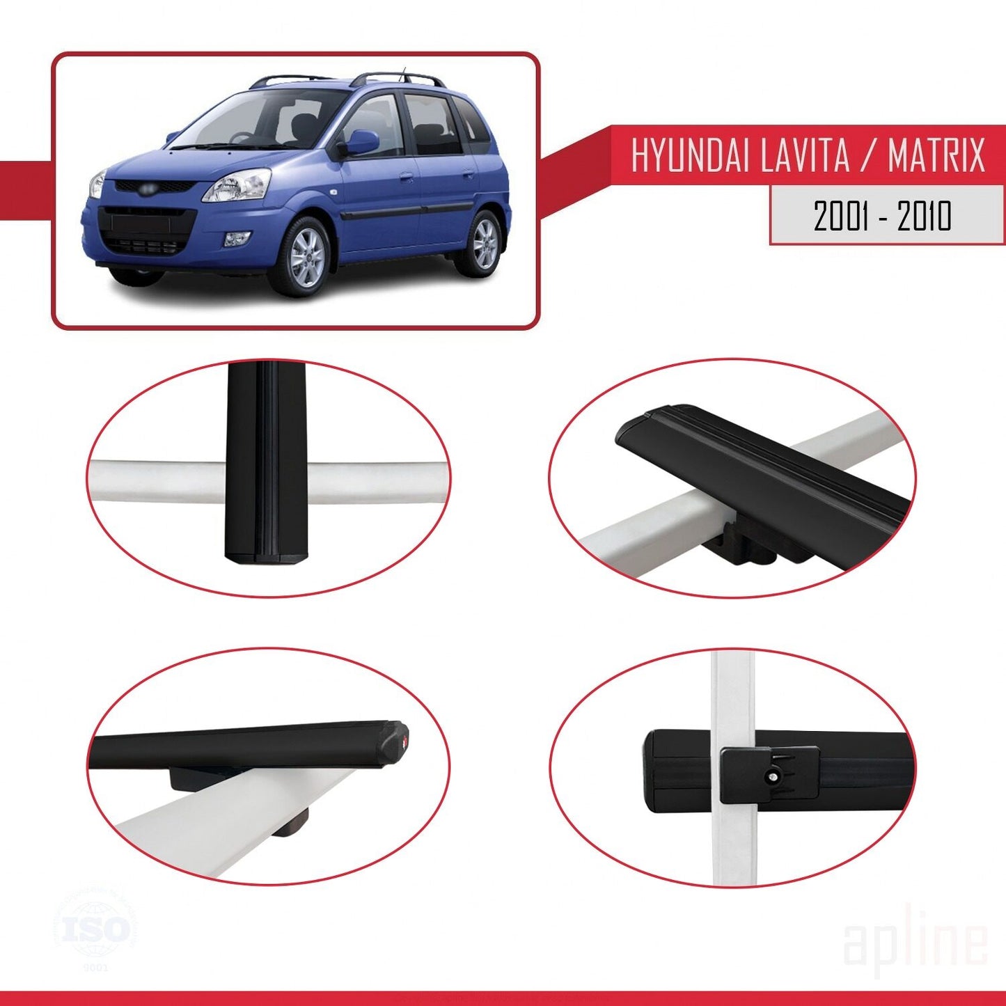 Compatibile con Hyundai Matrix (FC) modello BASIC 2001-2010 Barre portatutto per auto Portapacchi in alluminio nero 3 barre
