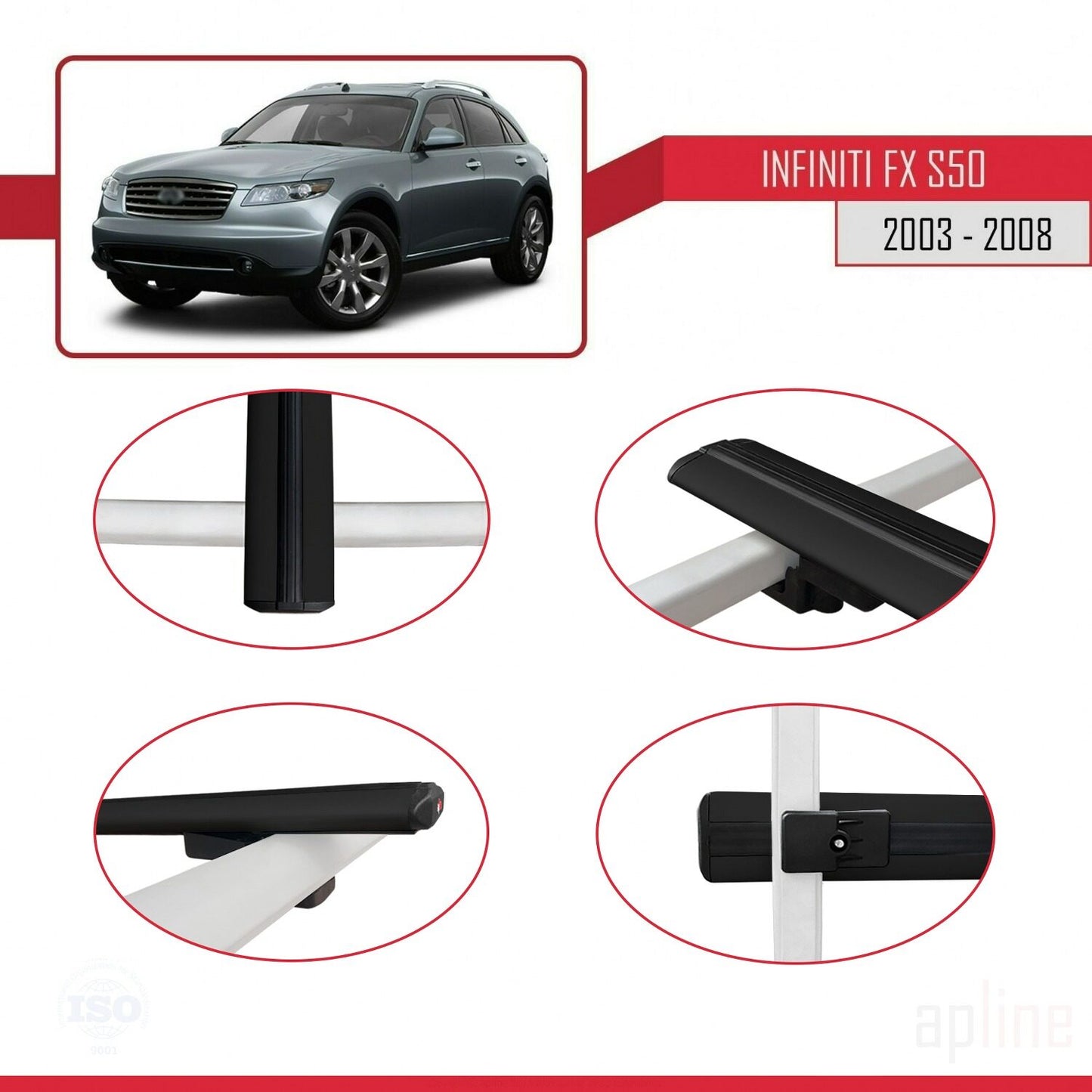 Compatible avec Infiniti FX (S50) 2003-2008 BASIC Model Barres de Toit Railing Porte-Bagages de Voiture Noir Aluminium 2 Barres