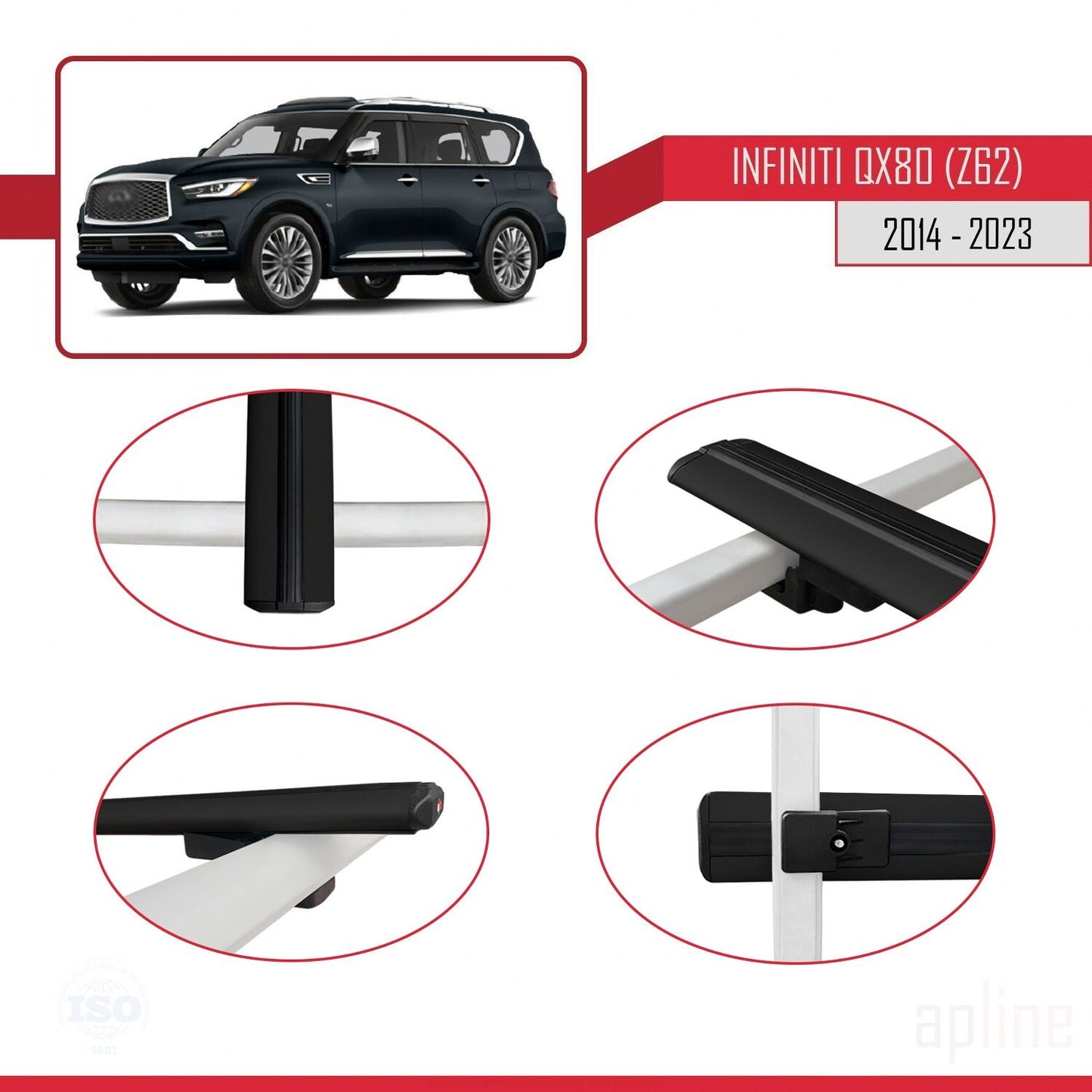 Compatible with Infiniti QX80 (Z62) 2014-2023 BASIC Model Car Roof Rack Cross Bar Black Aluminium 2 Bars