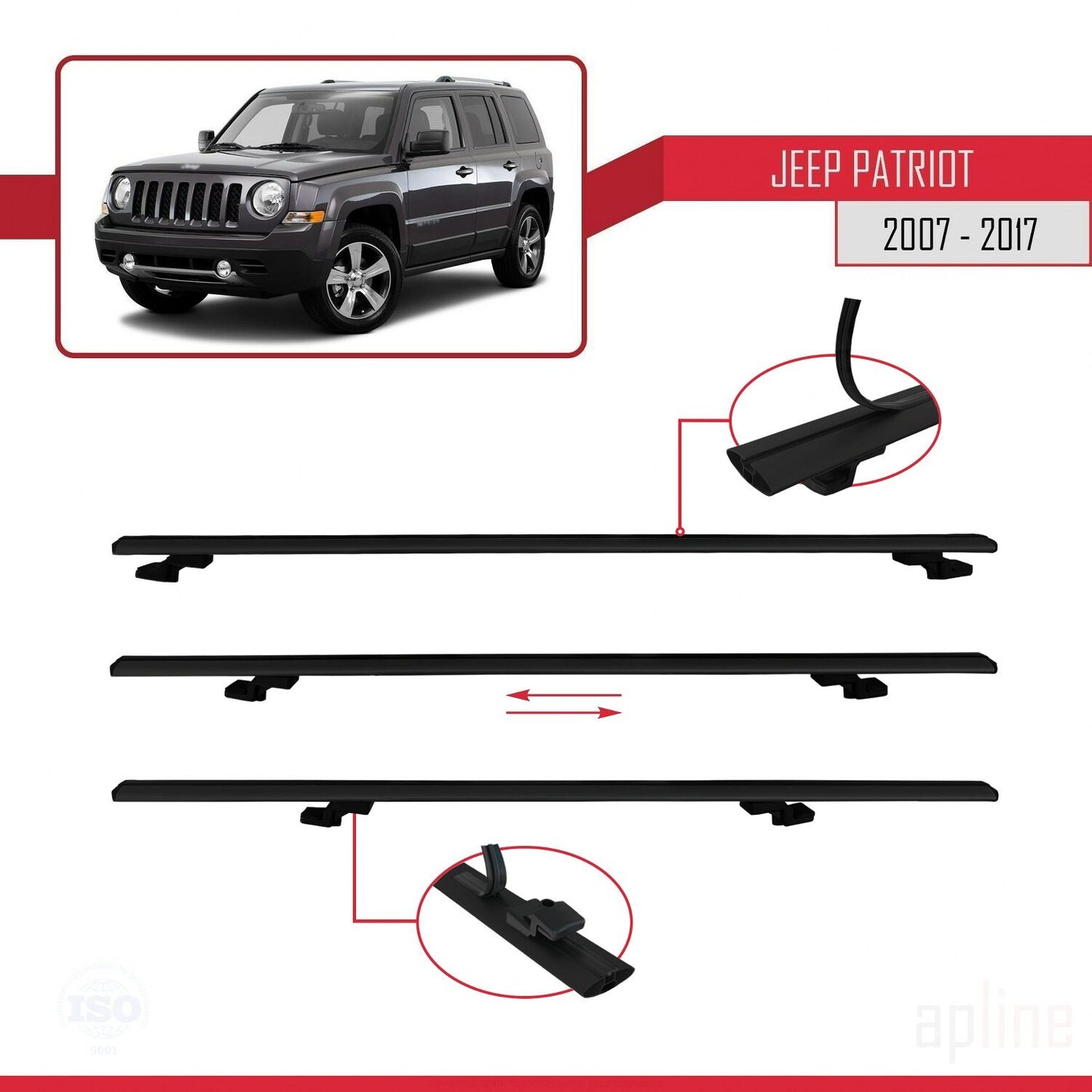 Compatible avec Jeep Patriot 2007-2017 BASIC Model Barres de Toit Railing Porte-Bagages de Voiture Noir Aluminium 3 Barres
