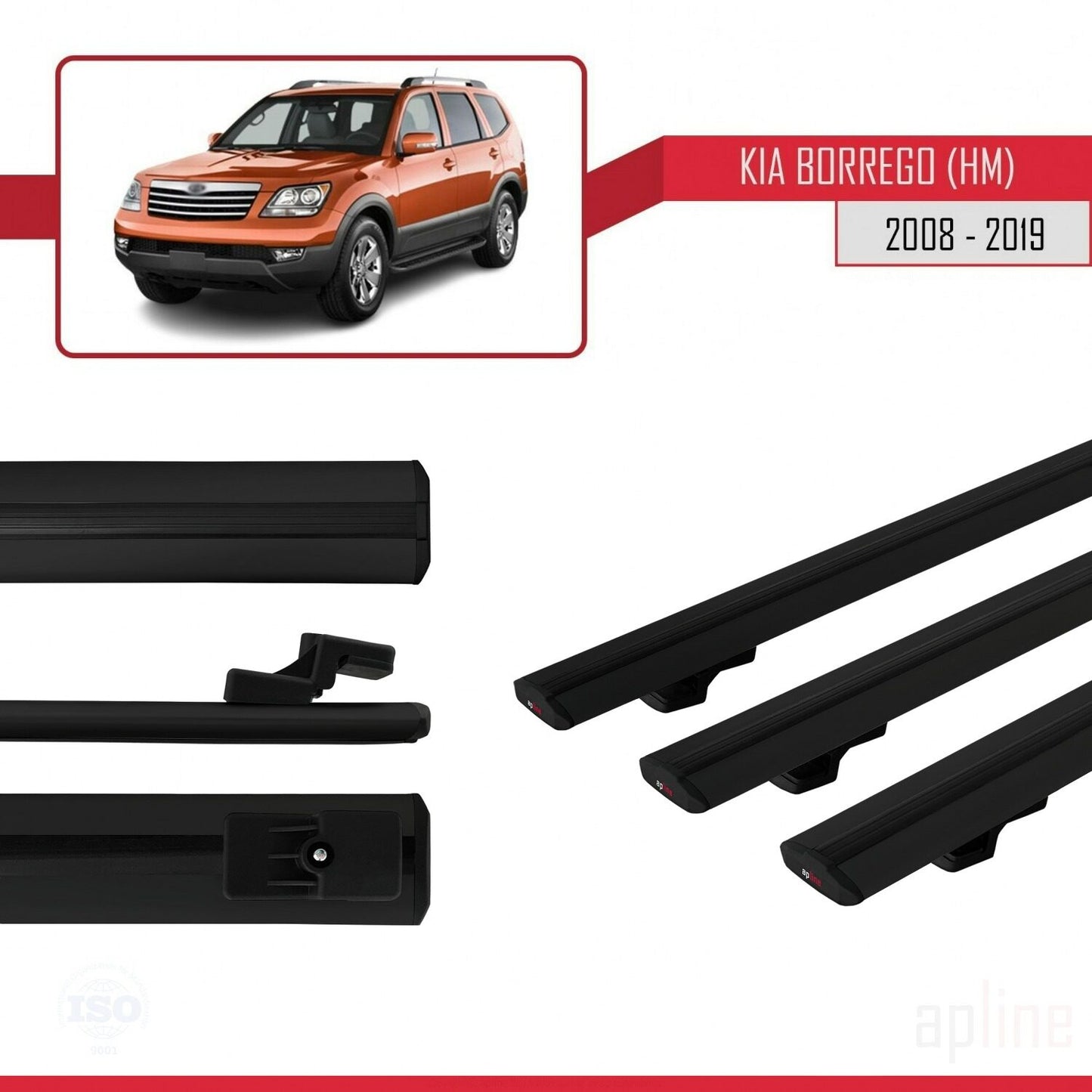 Compatible avec Kia Borrego (HM) 2008-2019 BASIC Model Barres de Toit Railing Porte-Bagages de Voiture Noir Aluminium 3 Barres