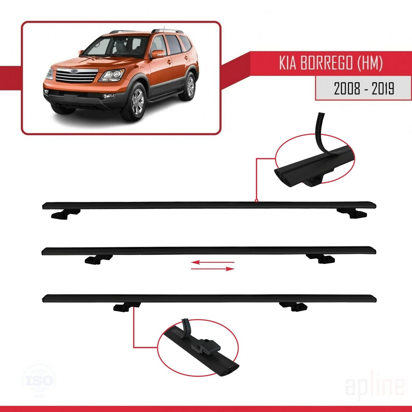 Compatible avec Kia Borrego (HM) 2008-2019 BASIC Model Barres de Toit Railing Porte-Bagages de Voiture Noir Aluminium 3 Barres