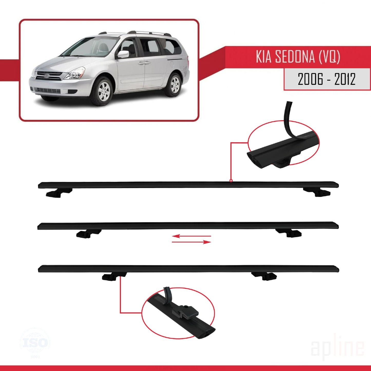 Compatible avec Kia Sedona 2 (VQ) 2006-2012 BASIC Model Barres de Toit Railing Porte-Bagages de Voiture Noir Aluminium 3 Barres