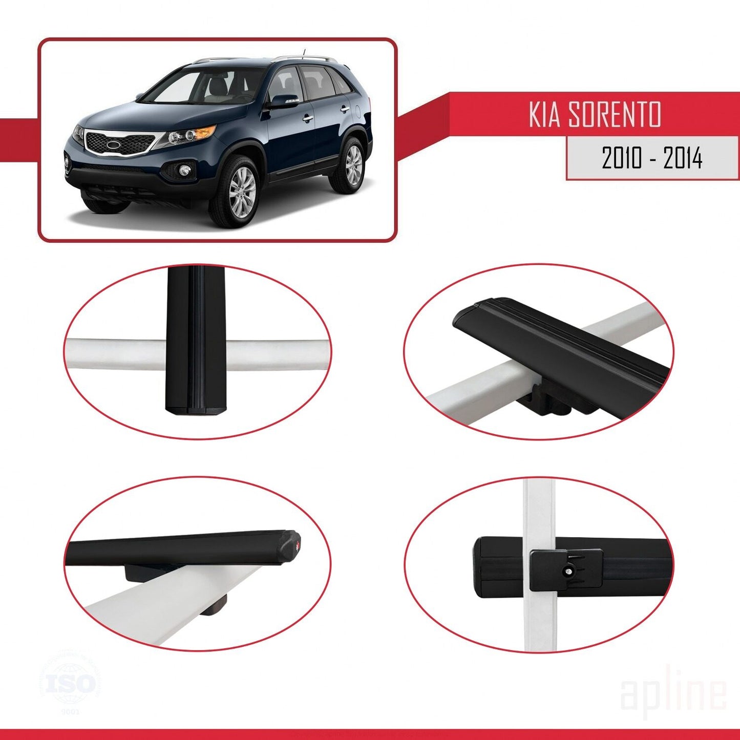 Compatible with Kia Sorento 2 (XM) 2010-2014 BASIC Model Car Roof Rack Cross Bar Black Aluminium 2 Bars