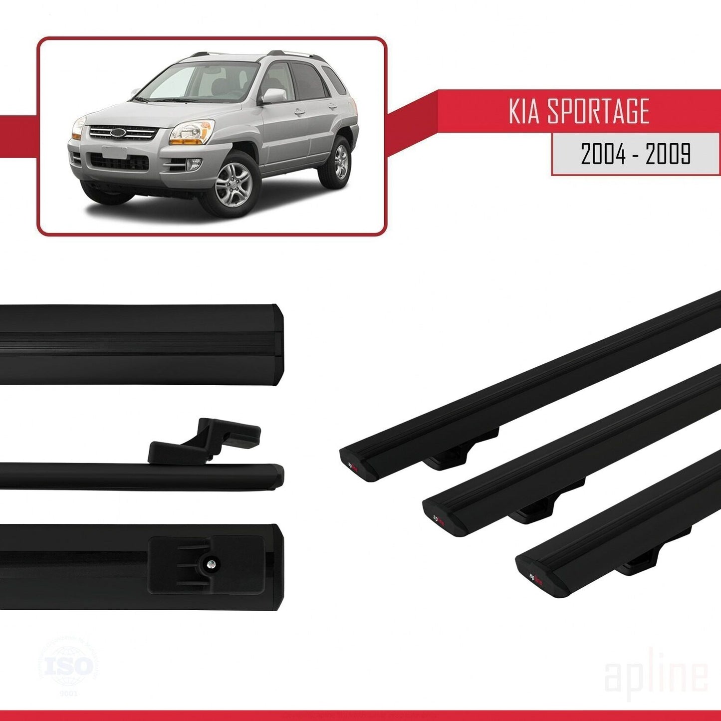 Compatible avec Kia Sportage 2 (JE) 2004-2009 BASIC Model Barres de Toit Railing Porte-Bagages de Voiture Noir Aluminium 3 Barres