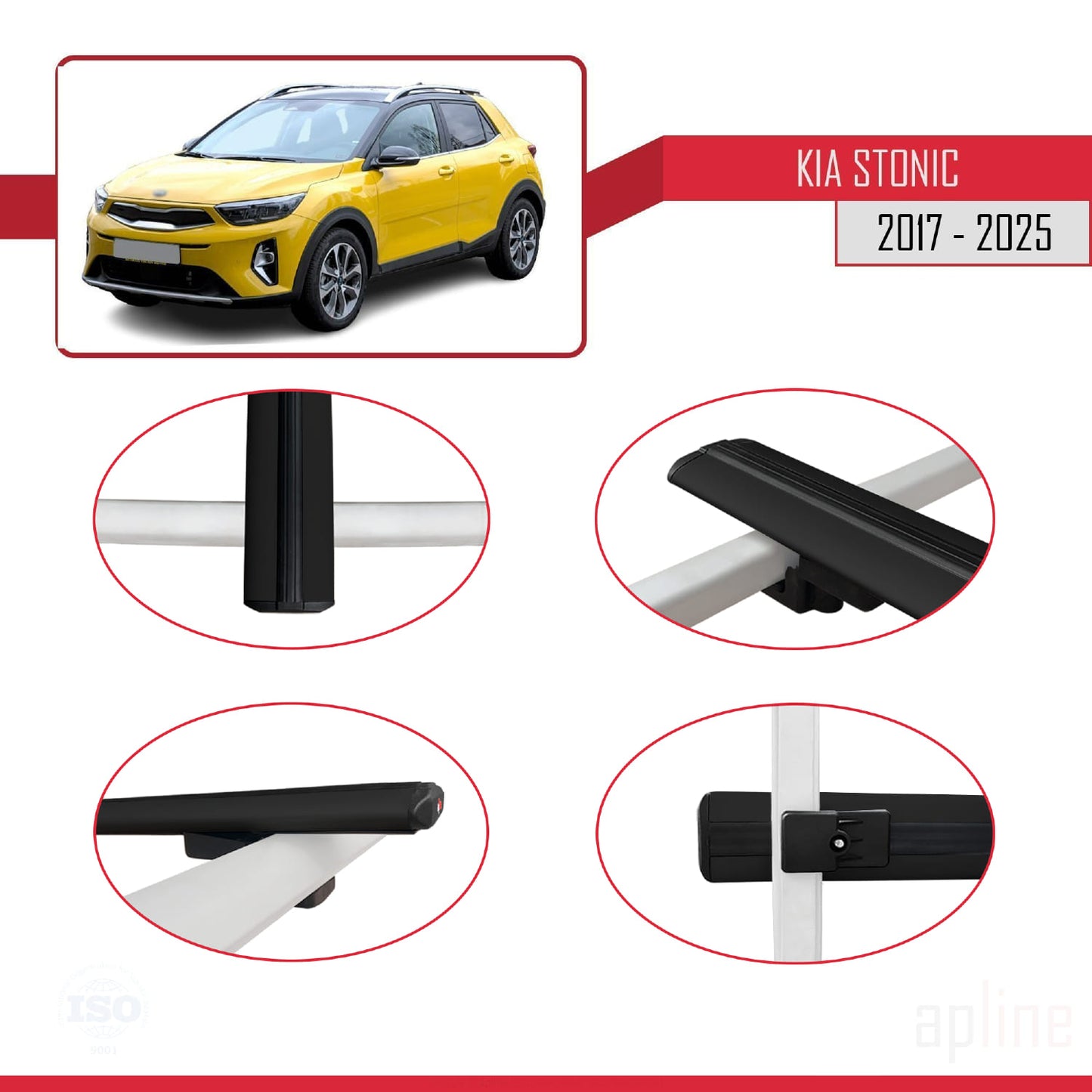 Compatible avec Kia Stonic 2017-2025 BASIC Model Barres de Toit Railing Porte-Bagages de Voiture Noir Aluminium 3 Barres