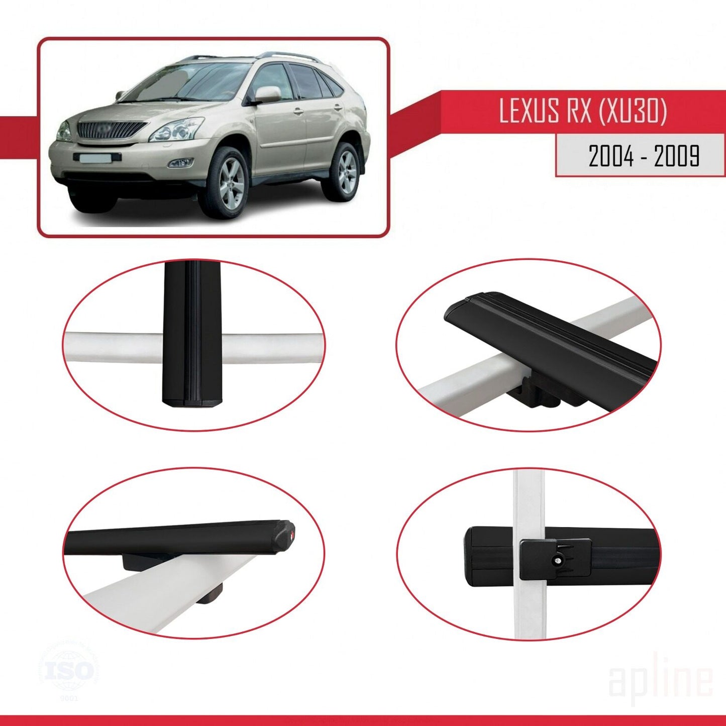 Compatible with Lexus RX 2 (XU30) 2004-2009 BASIC Model Car Roof Rack Cross Bar Black Aluminium 3 Bars