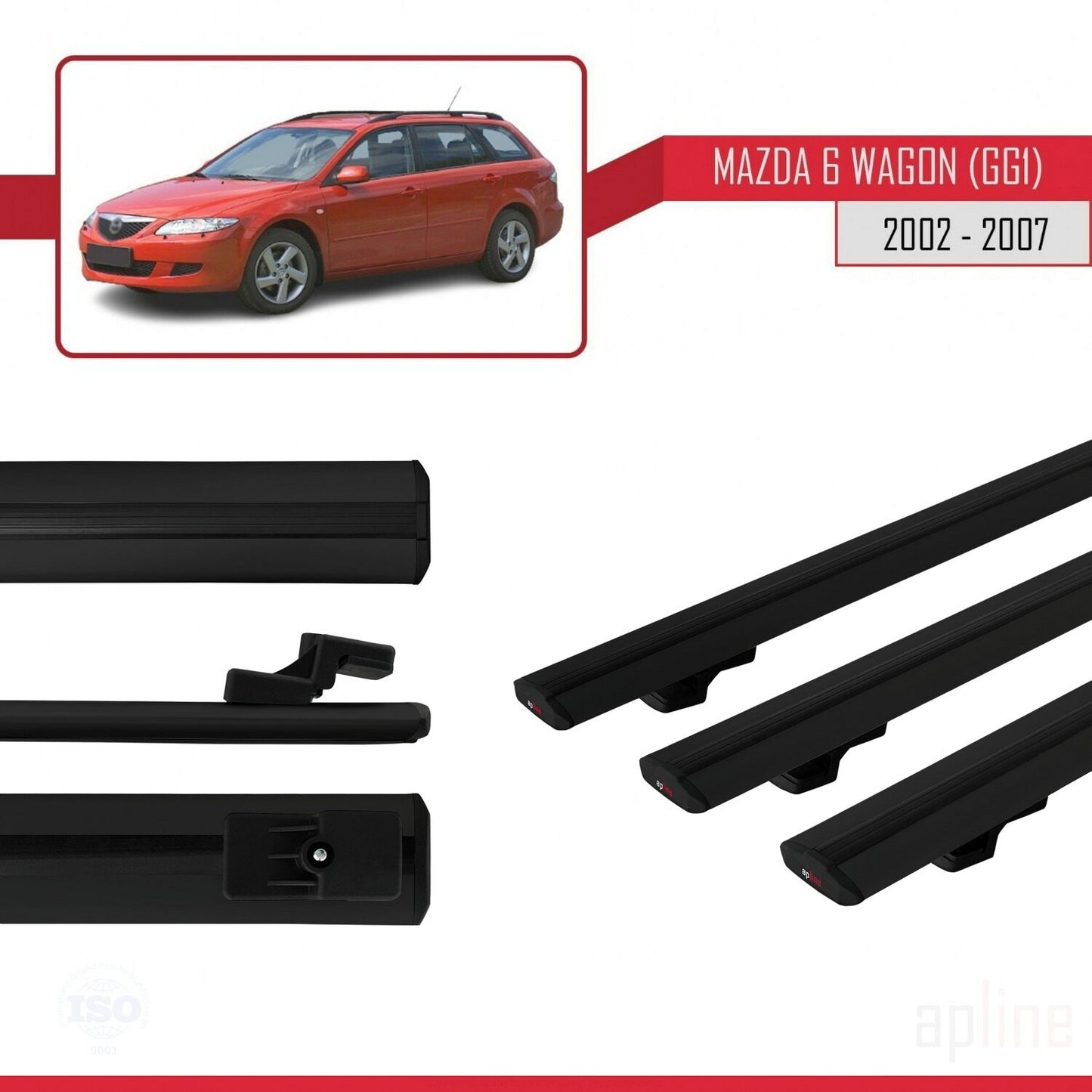 Compatibile con Mazda 6 I (GG1) 2002-2007 BASIC Model Barre Tetto Portapacchi Auto Barre Portatutto Nero Alluminio 3 Barre