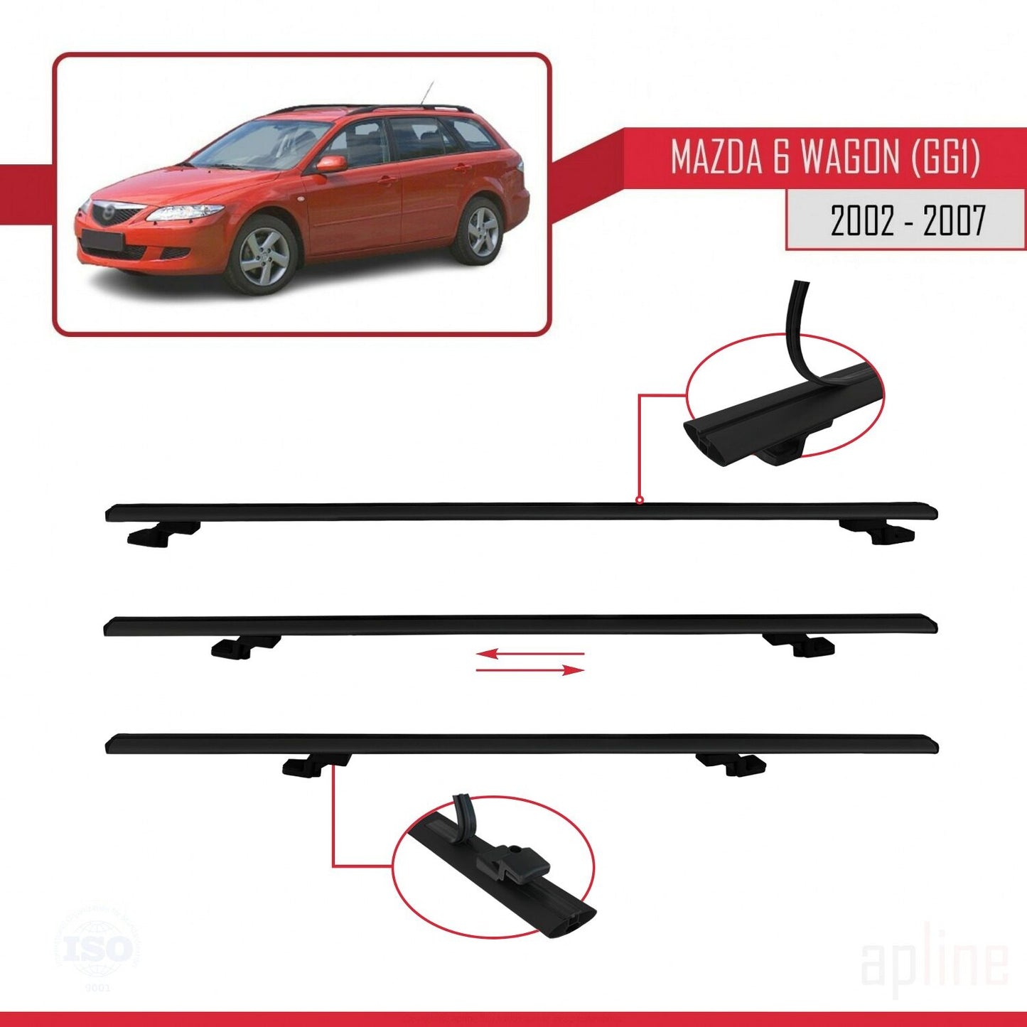 Compatibile con Mazda 6 I (GG1) 2002-2007 BASIC Model Barre Tetto Portapacchi Auto Barre Portatutto Nero Alluminio 3 Barre