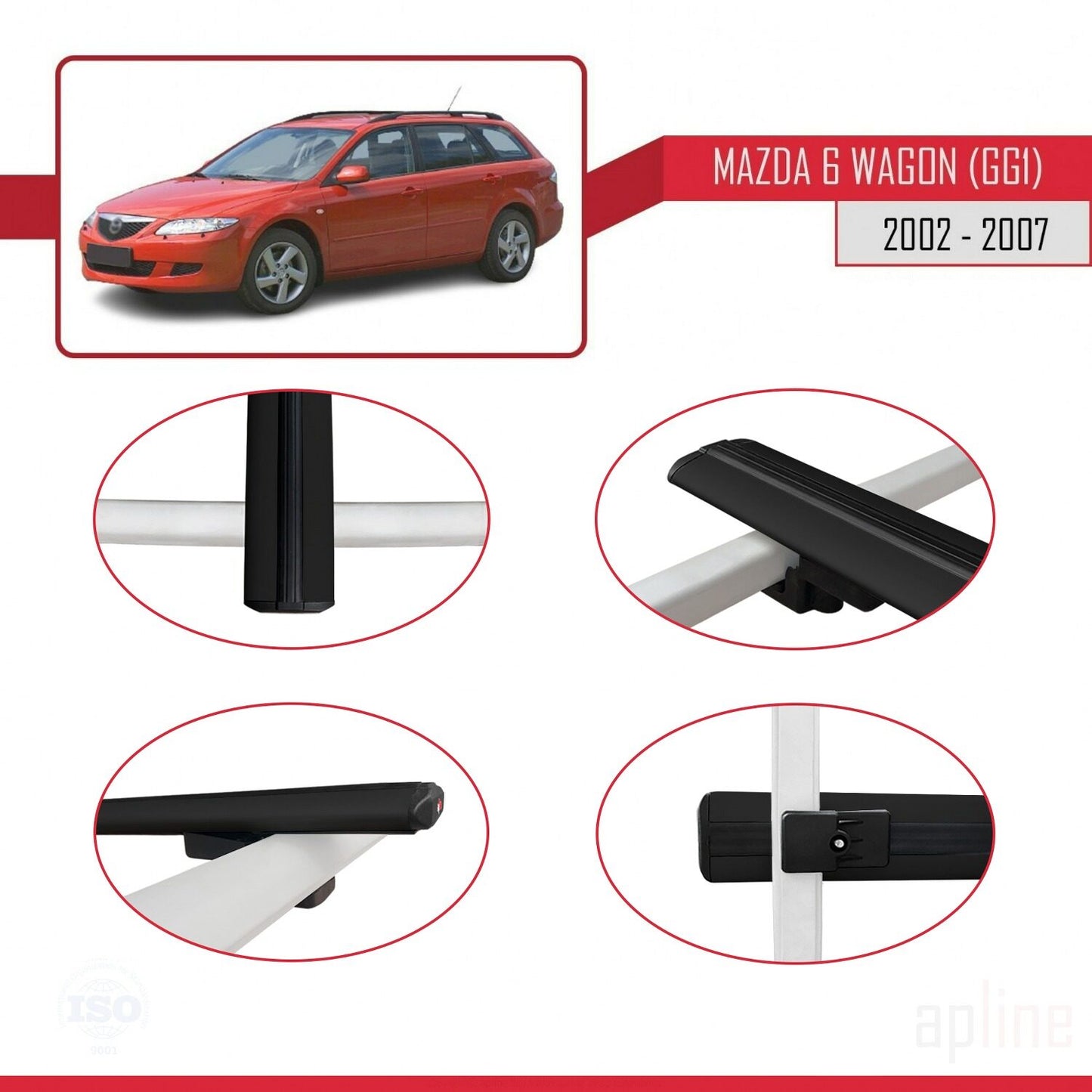 Compatible avec Mazda 6 I (GG1) 2002-2007 BASIC Model Barres de Toit Railing Porte-Bagages de Voiture Noir Aluminium 2 Barres