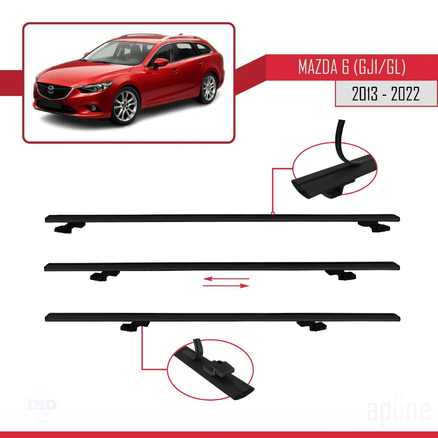 Compatible avec Mazda 6 III (GJ1/GL) 2013-2022 BASIC Model Barres de Toit Railing Porte-Bagages de Voiture Noir Aluminium 3 Barres