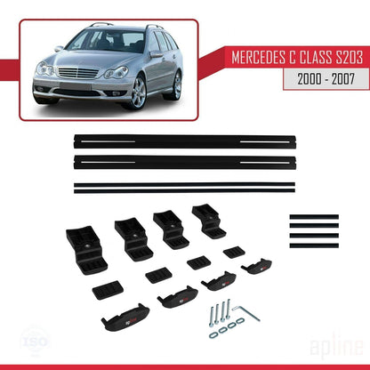 Compatible avec Mercedes Classe C 2 (S203) 2000-2007 BASIC Model Barres de Toit Railing Porte-Bagages de Voiture Noir Aluminium 2 Barres