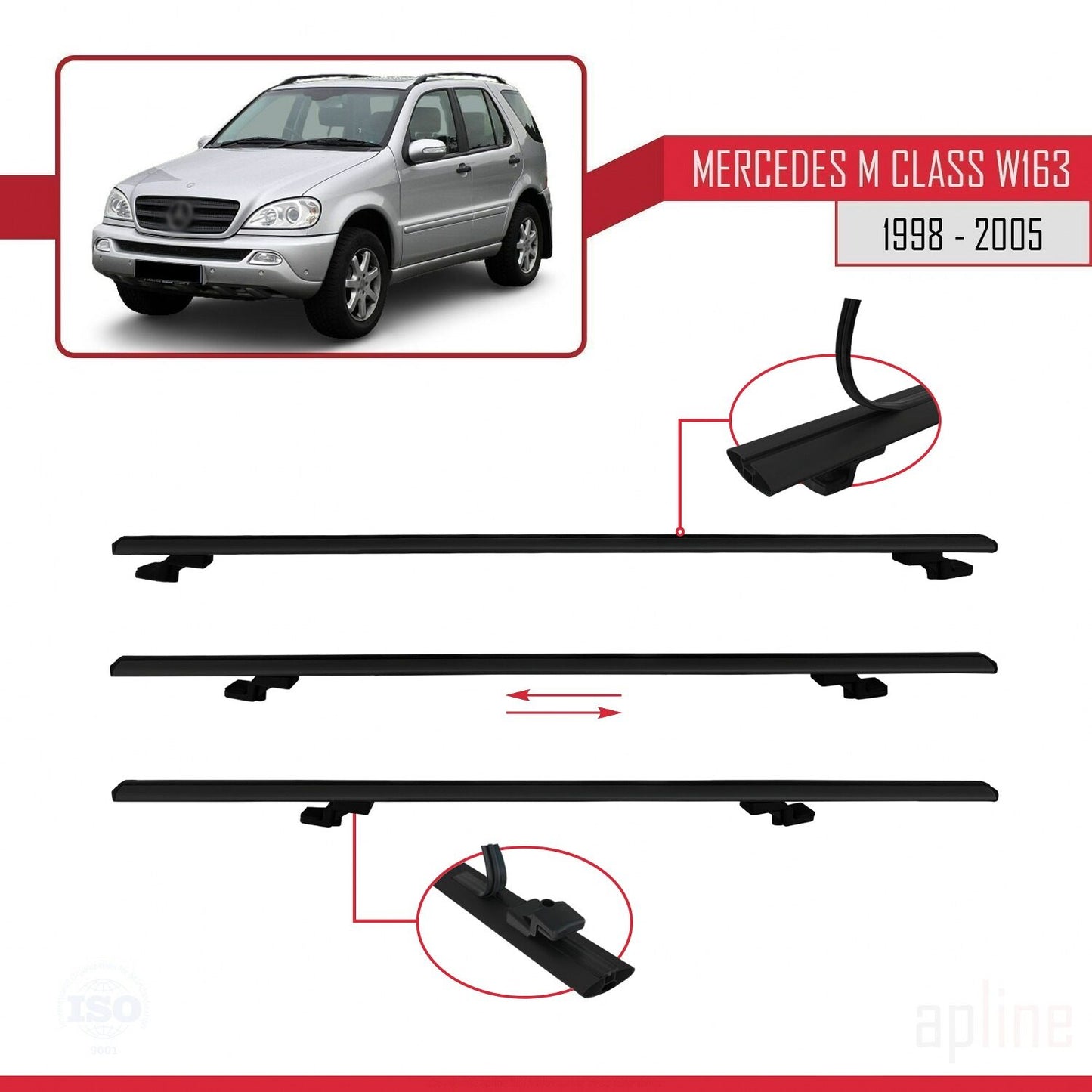 Compatible avec Mercedes Classe M (W163) 1998-2005 BASIC Model Barres de Toit Railing Porte-Bagages de Voiture Noir Aluminium 3 Barres