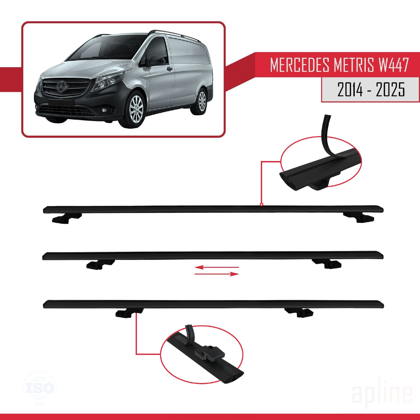Compatible avec Mercedes Metris (W447) 2014-2025 BASIC Model Barres de Toit Railing Porte-Bagages de Voiture Noir Aluminium 3 Barres