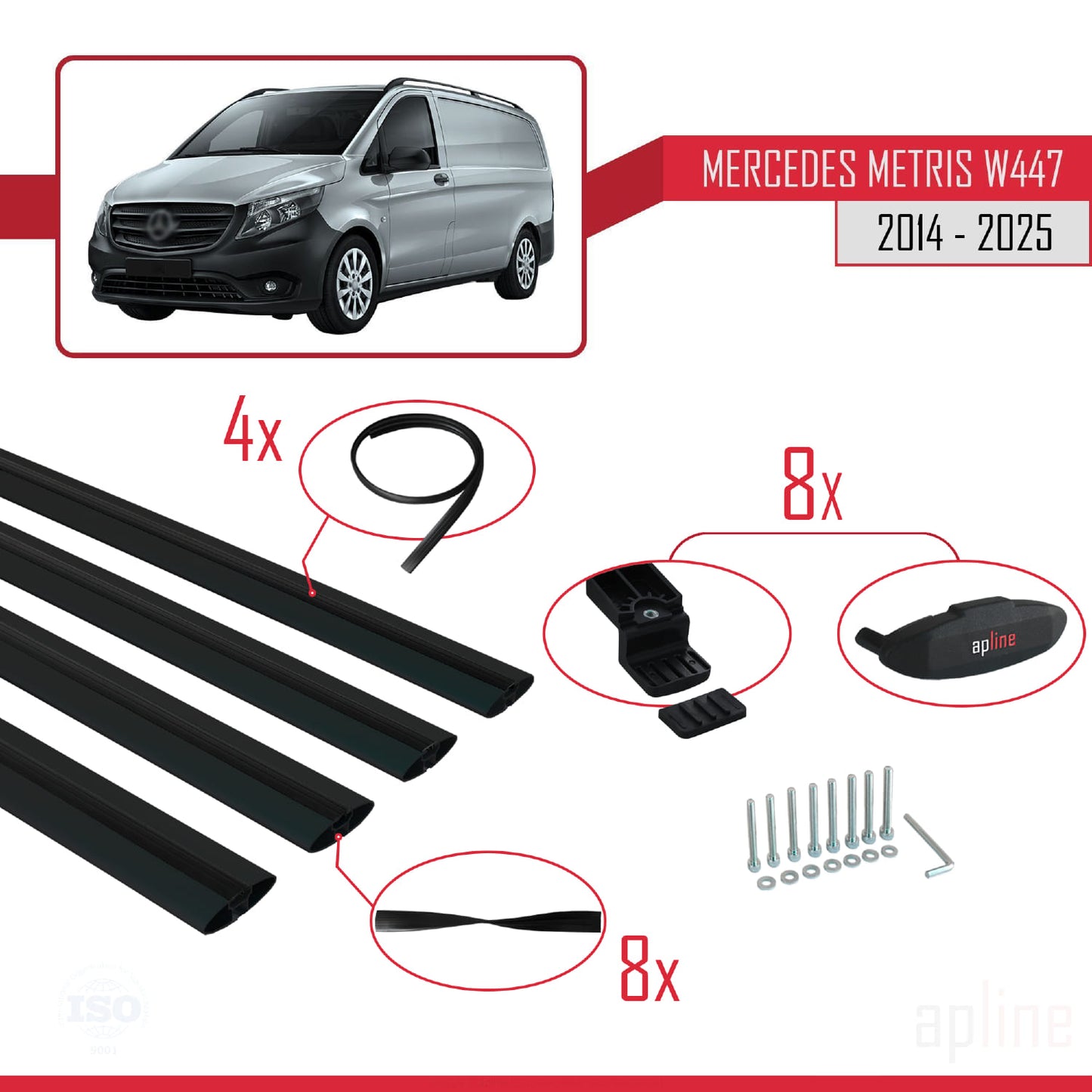 Compatible avec Mercedes Metris (W447) 2014-2025 BASIC Model Barres de Toit Railing Porte-Bagages de Voiture Noir Aluminium 4 Barres
