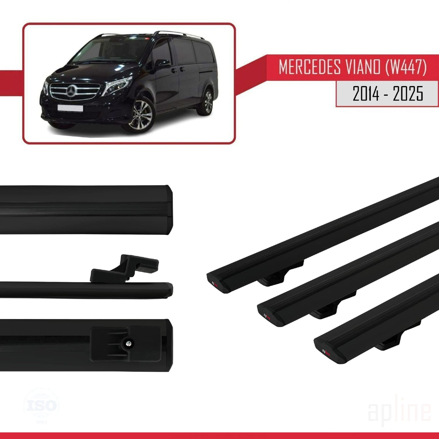 Compatible avec Mercedes Viano 3 (W447) 2014-2025 BASIC Model Barres de Toit Railing Porte-Bagages de Voiture Noir Aluminium 3 Barres