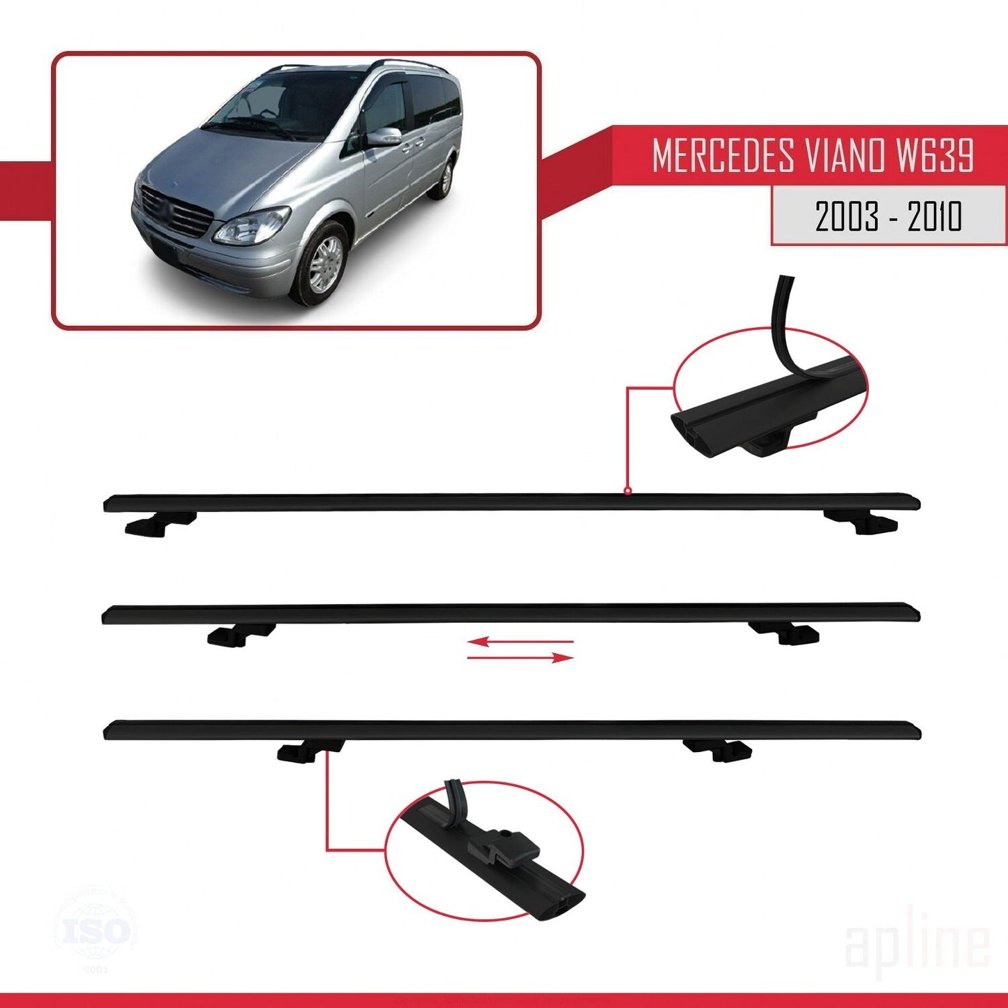 Compatible avec Mercedes Viano 2 (W639) Pre-Facelift 2003-2010 BASIC Model Barres de Toit Railing Porte-Bagages de Voiture Noir Aluminium 2 Barres