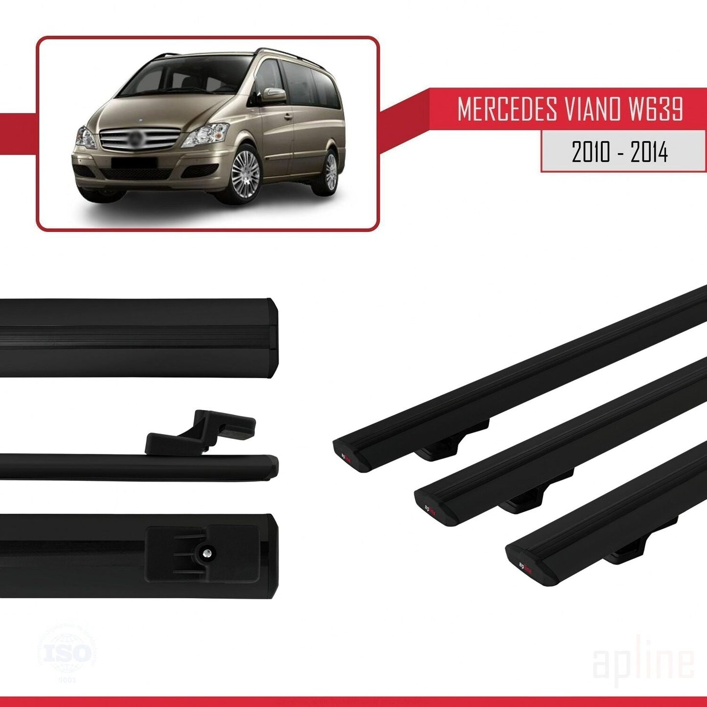 Compatible avec Mercedes Viano 2 (W639) Post-Facelift 2010-2014 BASIC Model Barres de Toit Railing Porte-Bagages de Voiture Noir Aluminium 3 Barres