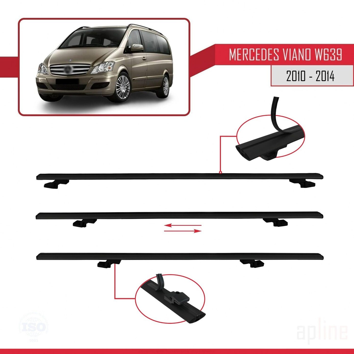 Compatible avec Mercedes Viano 2 (W639) Post-Facelift 2010-2014 BASIC Model Barres de Toit Railing Porte-Bagages de Voiture Noir Aluminium 3 Barres