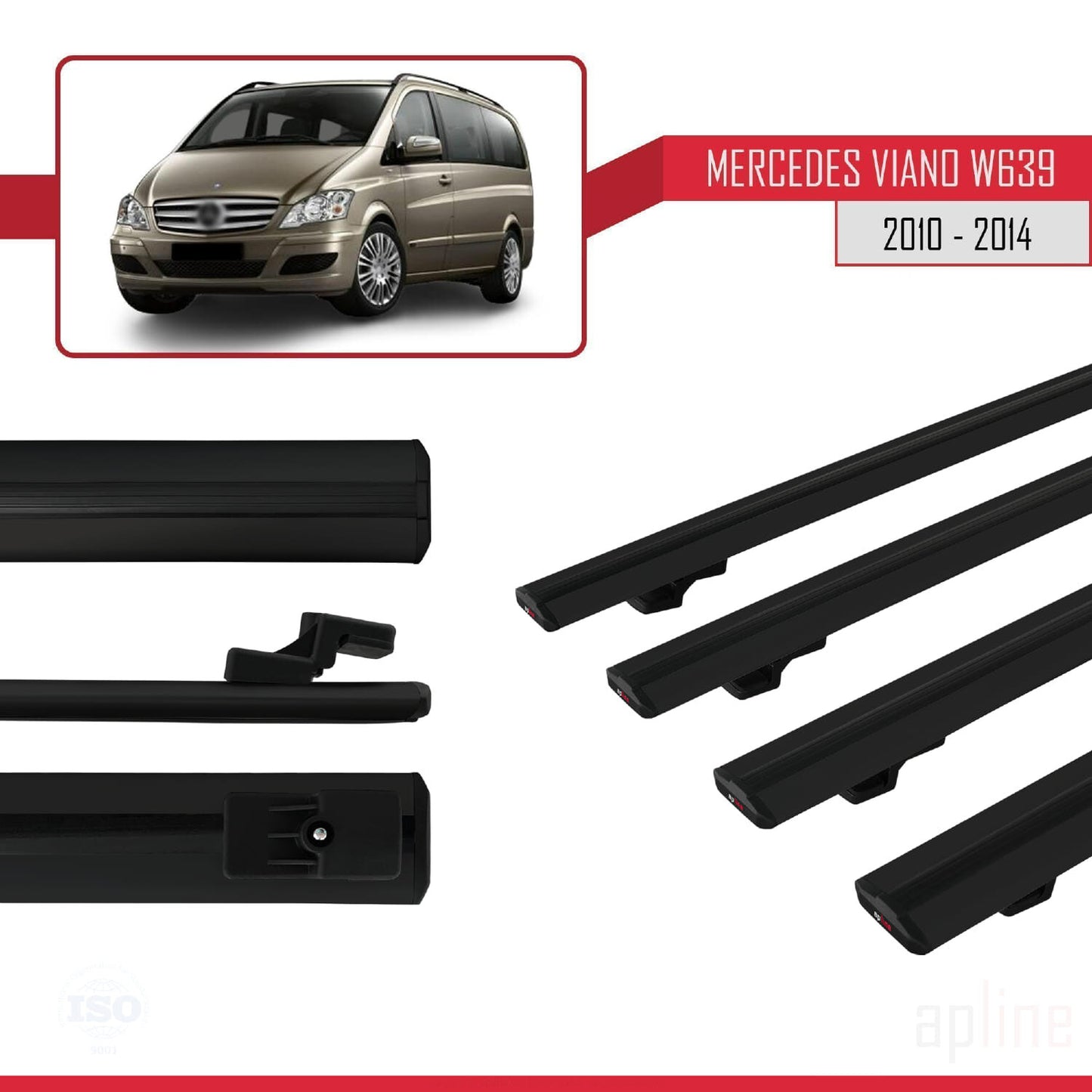 Compatible avec Mercedes Viano 2 (W639) Post-Facelift 2010-2014 BASIC Model Barres de Toit Railing Porte-Bagages de Voiture Noir Aluminium 4 Barres