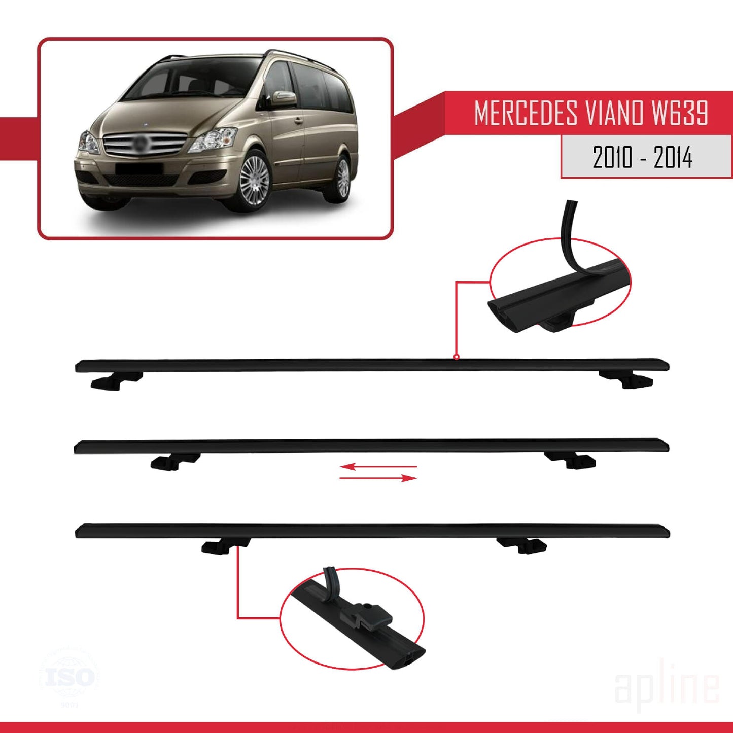 Compatible avec Mercedes Viano 2 (W639) Post-Facelift 2010-2014 BASIC Model Barres de Toit Railing Porte-Bagages de Voiture Noir Aluminium 4 Barres