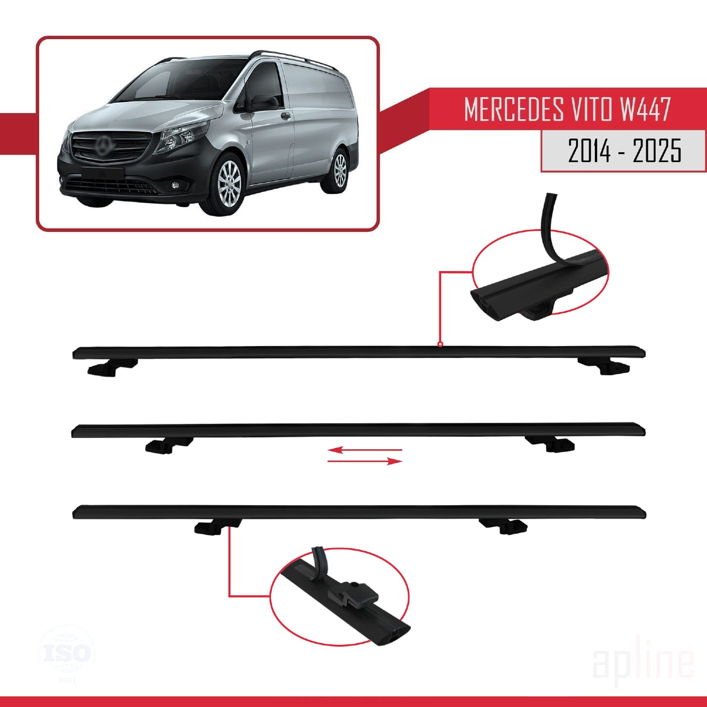 Compatible avec Mercedes Vito 3 (W447) 2014-2025 BASIC Model Barres de Toit Railing Porte-Bagages de Voiture Noir Aluminium 4 Barres
