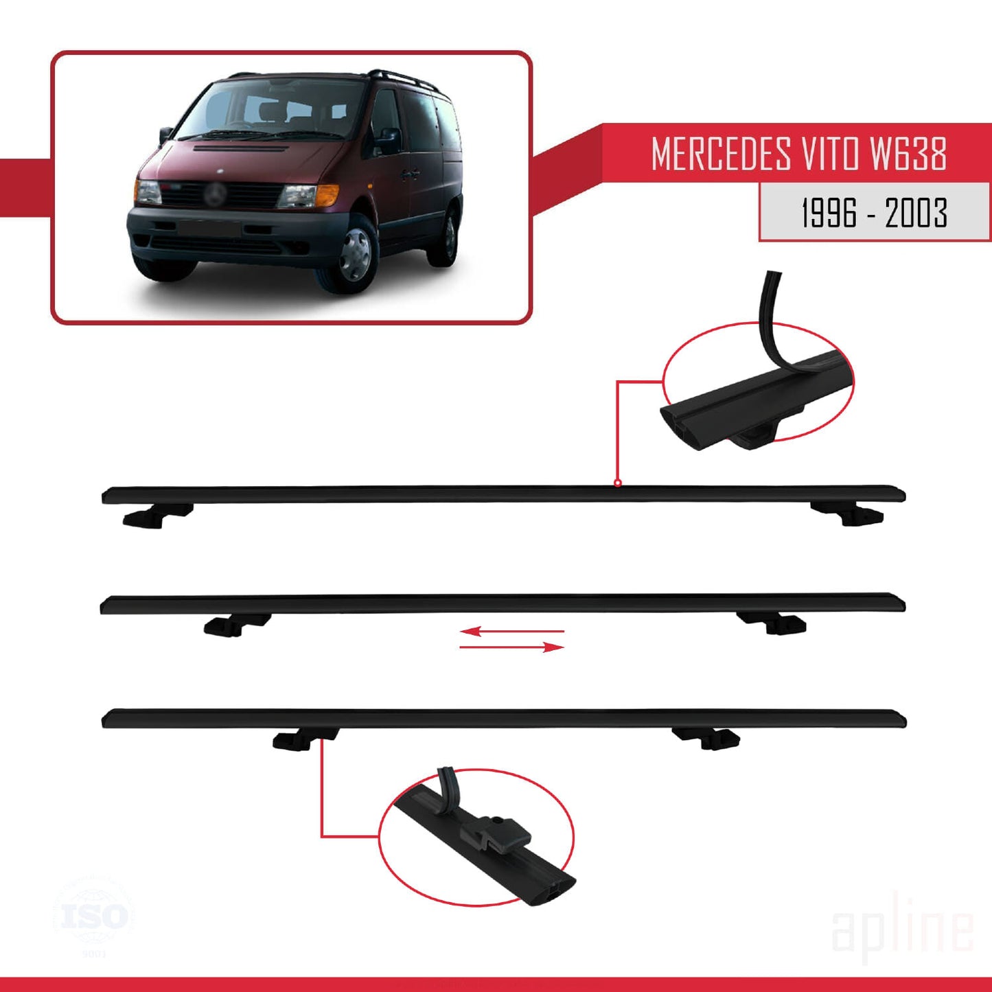Compatible avec Mercedes Vito (W638) 1996-2003 BASIC Model Barres de Toit Railing Porte-Bagages de Voiture Noir Aluminium 4 Barres