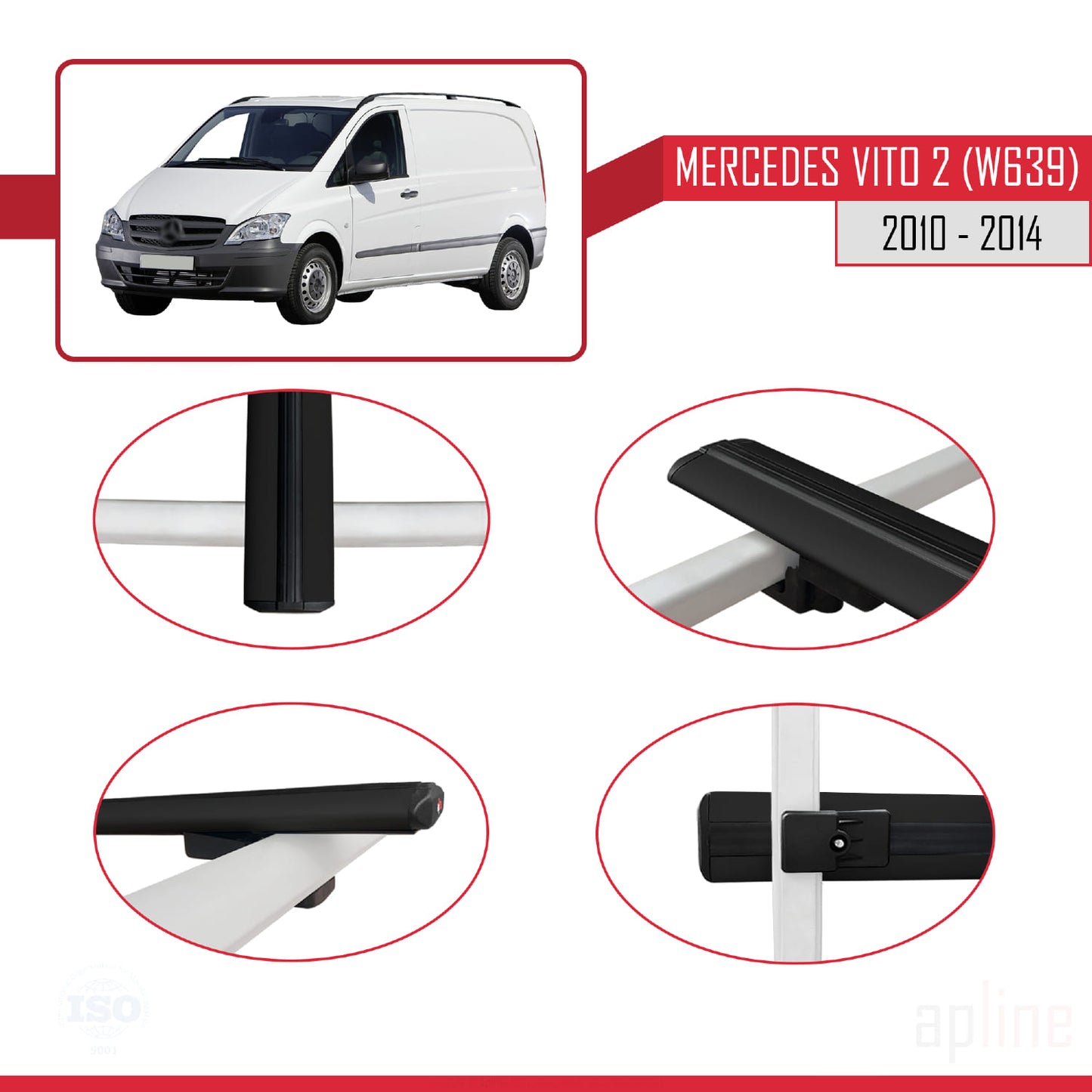 Compatibile con Mercedes Vito 2 (W639) Post-Facelift 2010-2014 BASIC Model Barre Tetto Portapacchi Auto Barre Portatutto Nero Alluminio 2 Barre