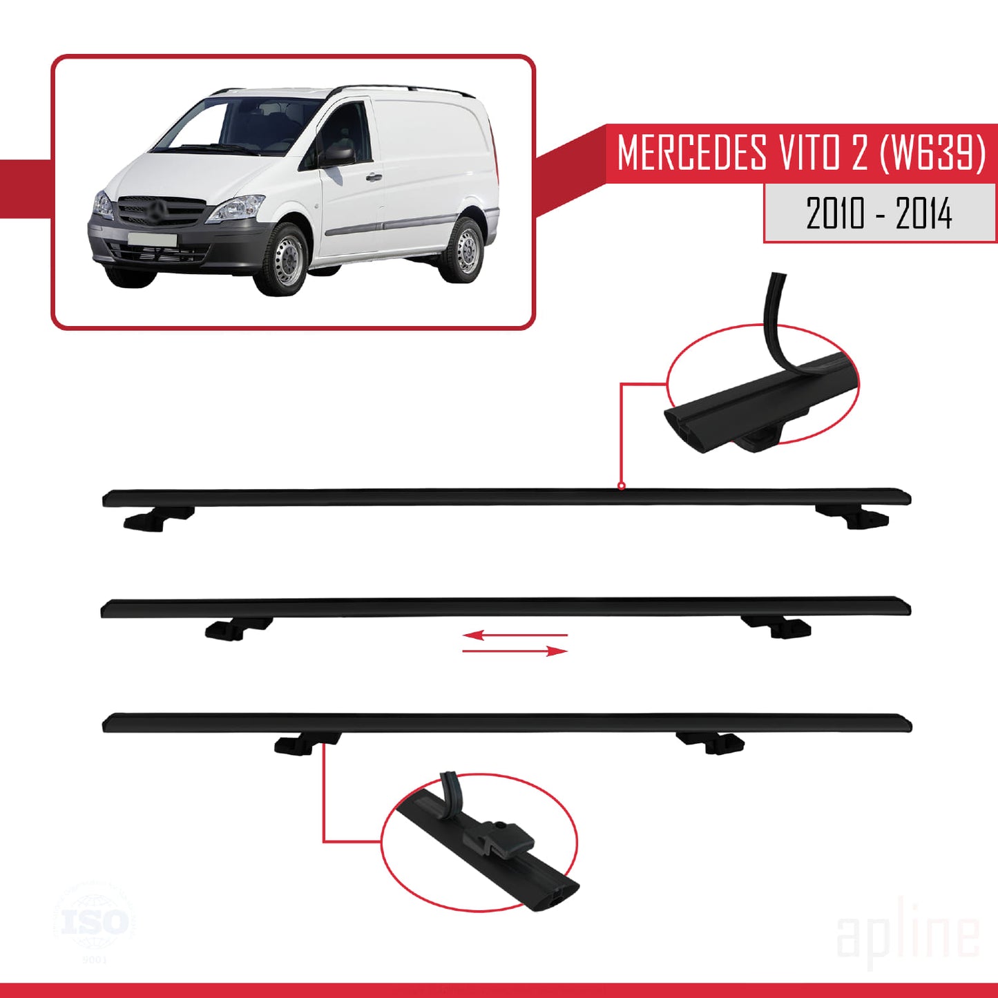 Compatibile con Mercedes Vito 2 (W639) Post-Facelift 2010-2014 BASIC Model Barre Tetto Portapacchi Auto Barre Portatutto Nero Alluminio 2 Barre