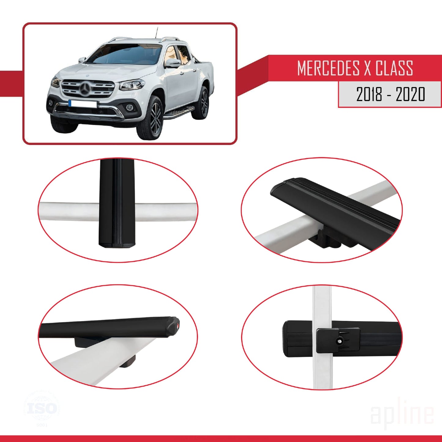 Compatible with Mercedes X Class (470) 2018-2020 BASIC Model Car Roof Rack Cross Bar Black Aluminium 3 Bars