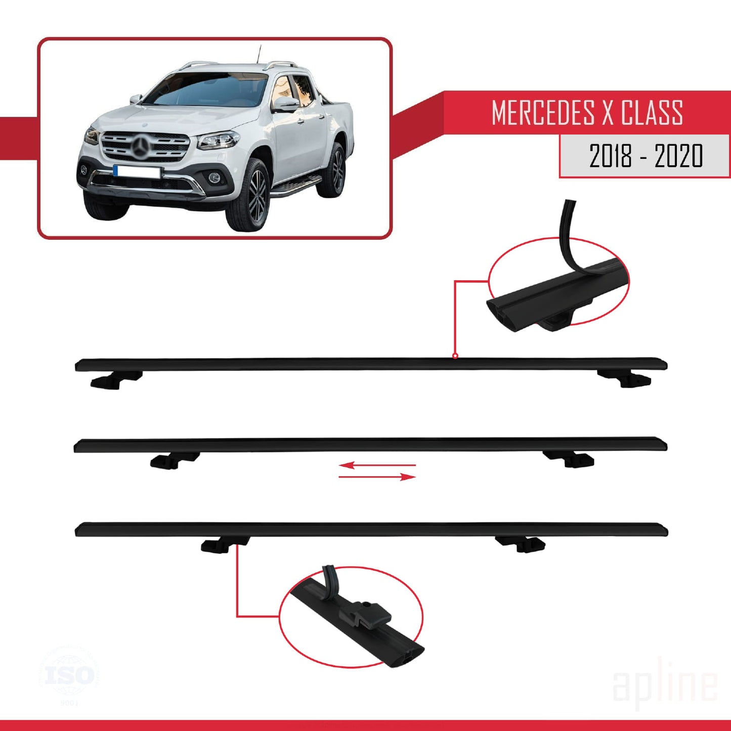 Compatible with Mercedes X Class (470) 2018-2020 BASIC Model Car Roof Rack Cross Bar Black Aluminium 3 Bars