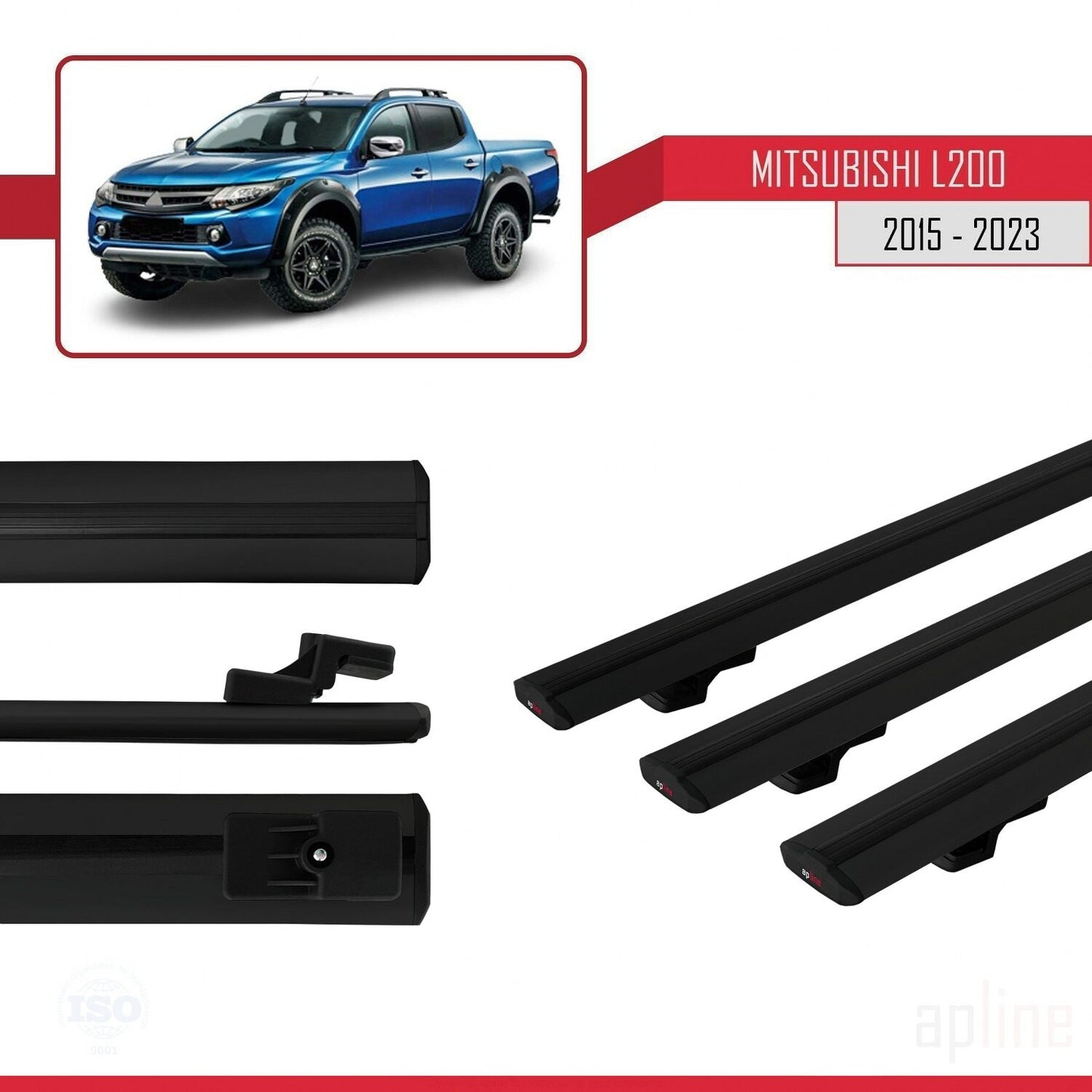 Compatible avec Mitsubishi L200 V 2015-2023 BASIC Model Barres de Toit Railing Porte-Bagages de Voiture Noir Aluminium 3 Barres
